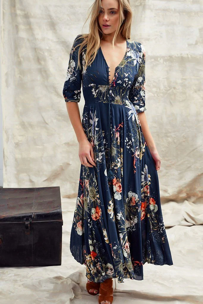 JAASE - Indiana Maxi Dress: Lace Back Shirred Waist A Line Dress with Handkerchief Hemline in Indigo Print - Image 9
