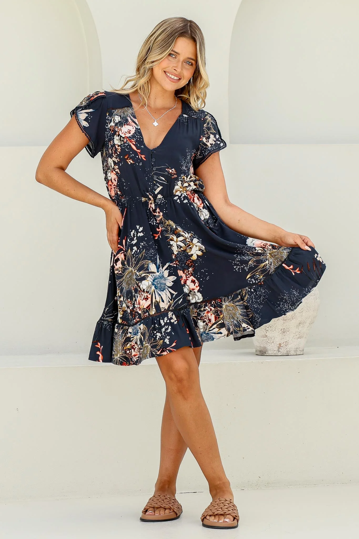 JAASE - Lizzie Mini Dress: Butterfly Cap Sleeve Button Down Dress With Pockets in Indigo Print - Image 3
