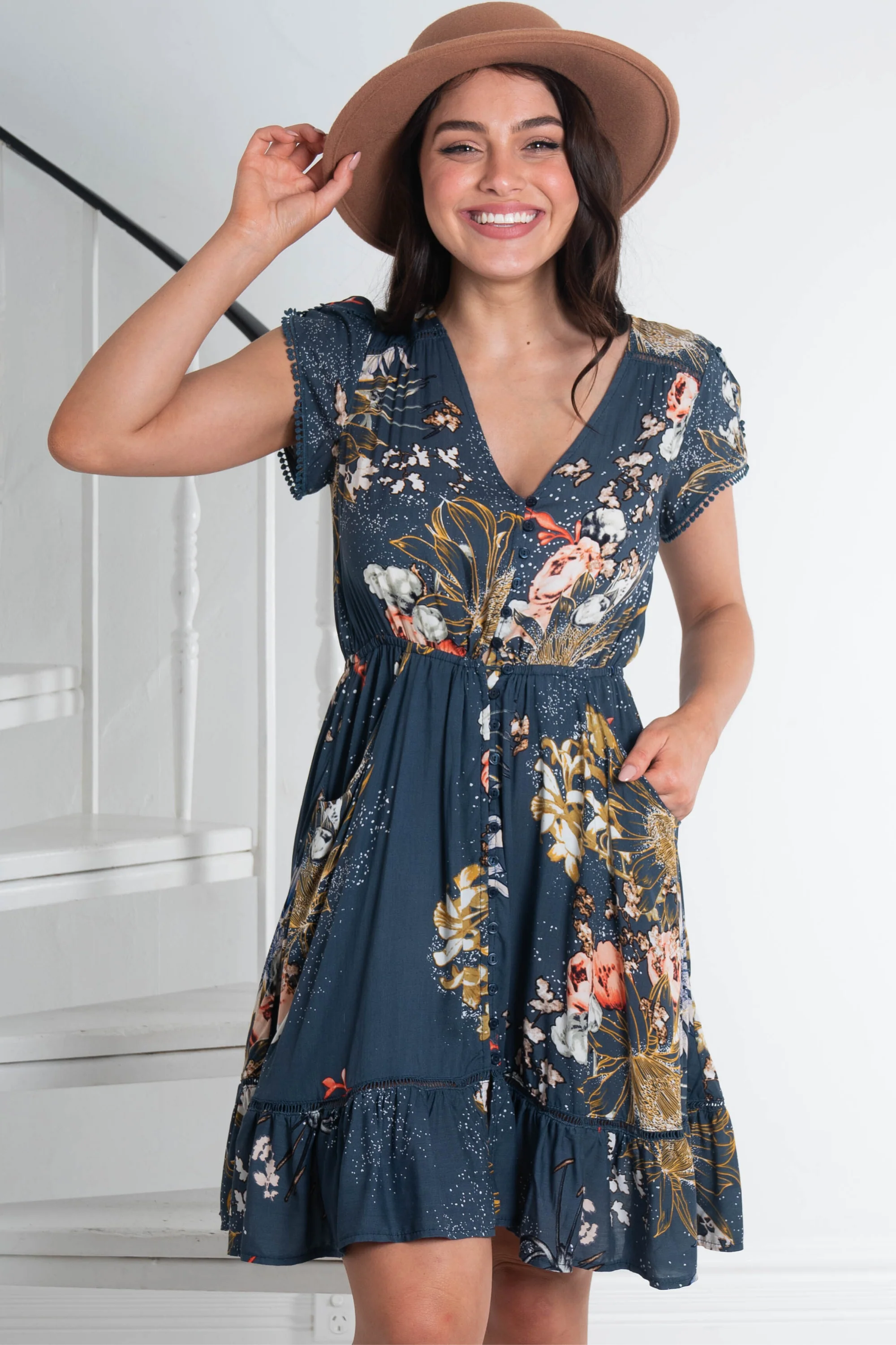 JAASE - Lizzie Mini Dress: Butterfly Cap Sleeve Button Down Dress With Pockets in Indigo Print - Image 7