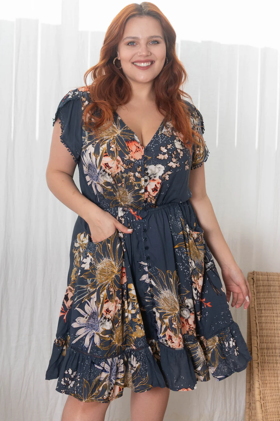 JAASE - Lizzie Mini Dress: Butterfly Cap Sleeve Button Down Dress With Pockets in Indigo Print - Image 8