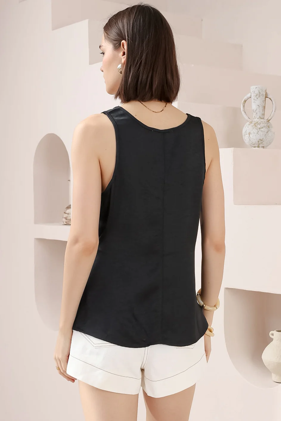 Isla Top - V-Neck Textured Sleeveless Top in Black - Image 3