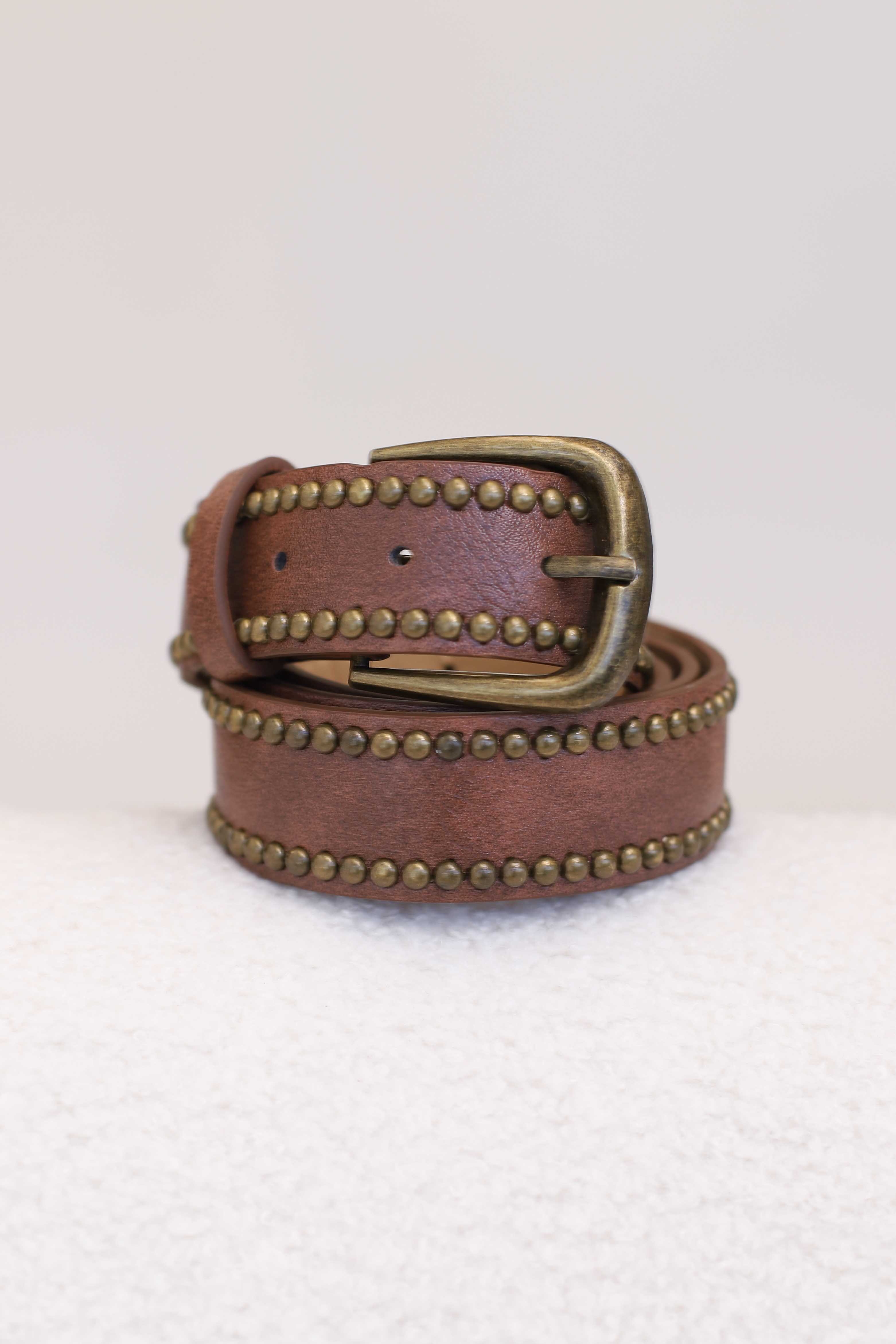 Jace PU Leather Gold Buckle Studded Belt - Brown - Image 2
