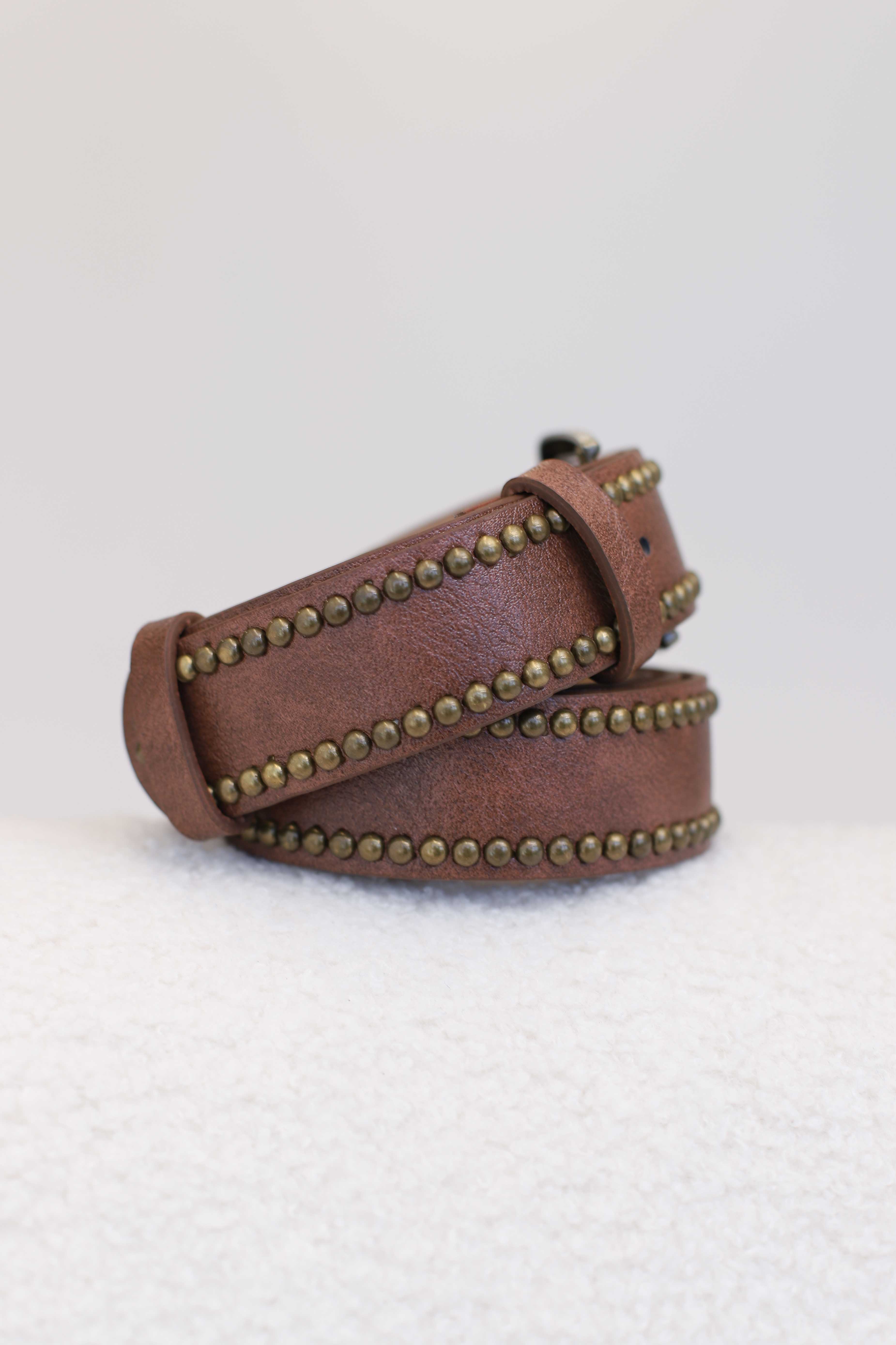 Jace PU Leather Gold Buckle Studded Belt - Brown - Image 3