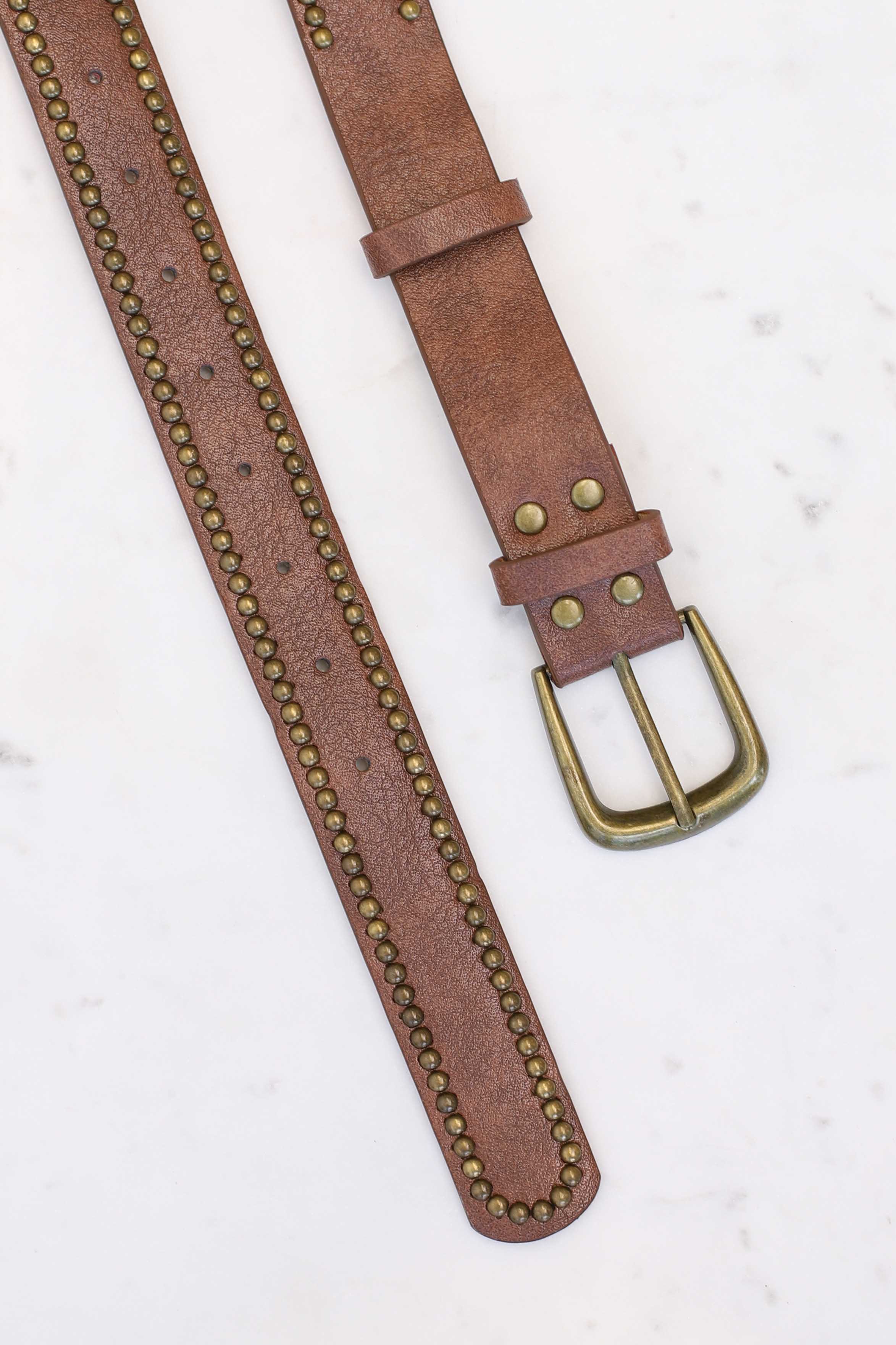 Jace PU Leather Gold Buckle Studded Belt - Brown - Image 4