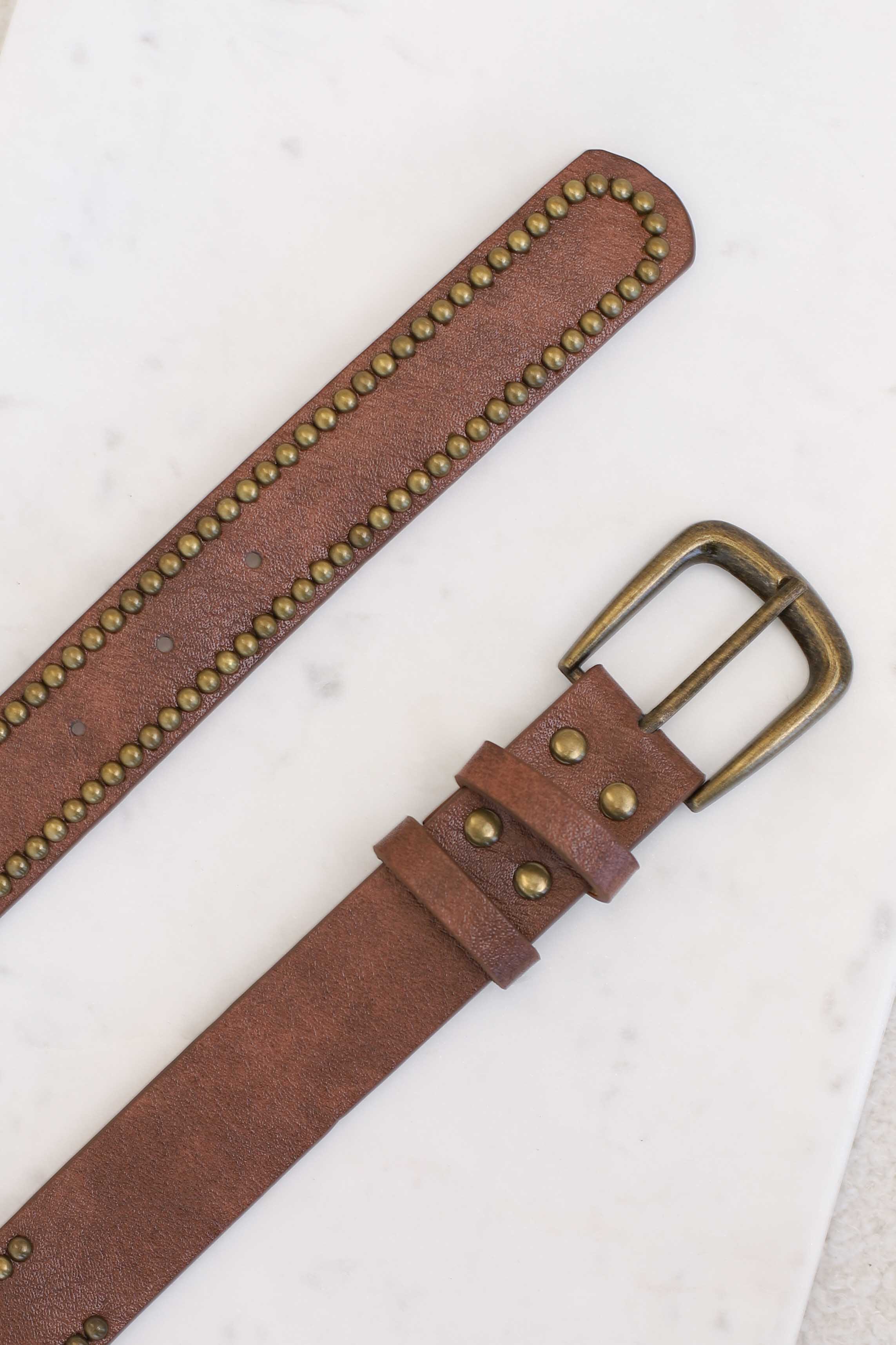 Jace PU Leather Gold Buckle Studded Belt - Brown - Image 6