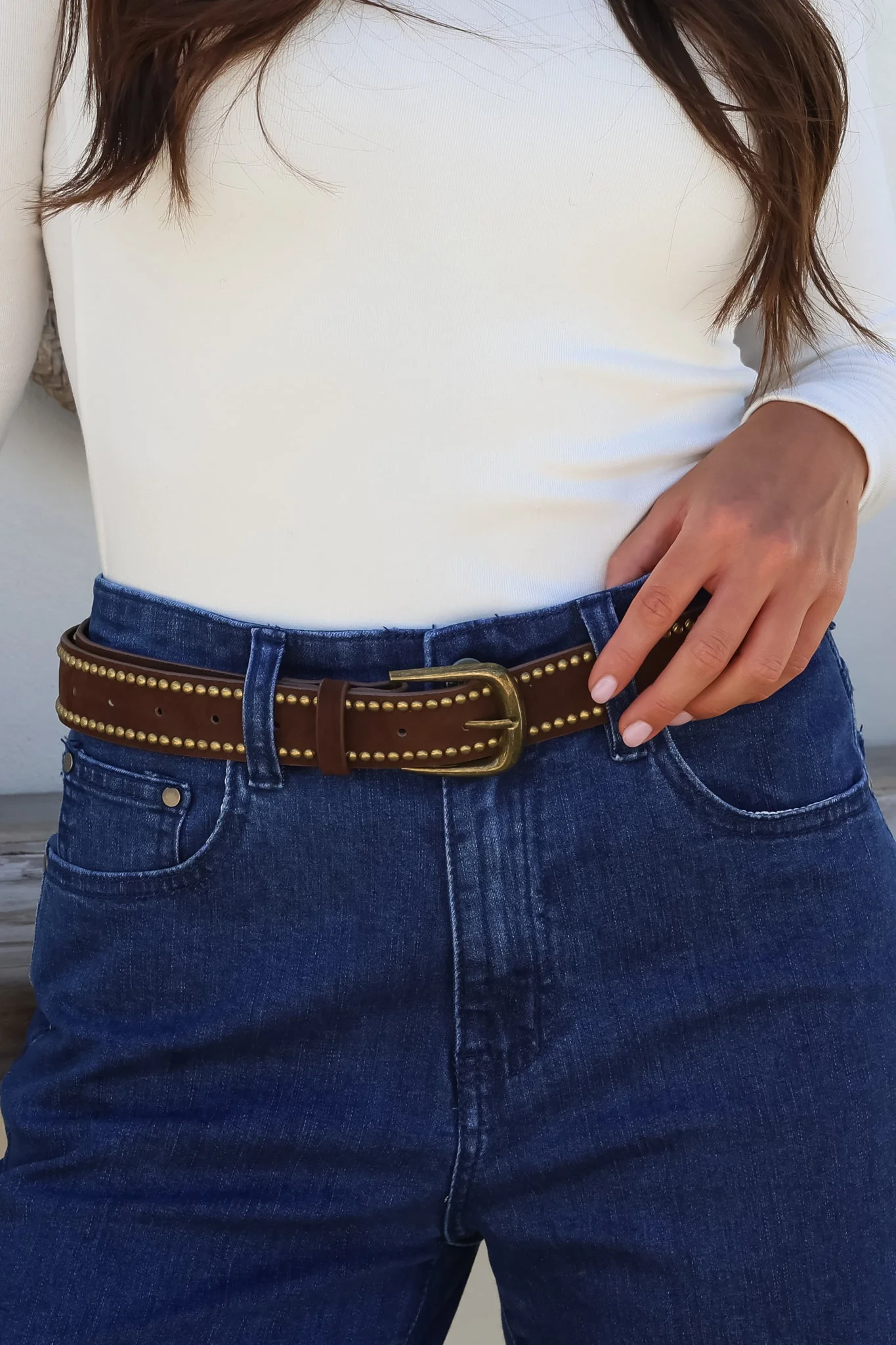 Jace PU Leather Gold Buckle Studded Belt - Velvet Brown - Image 3