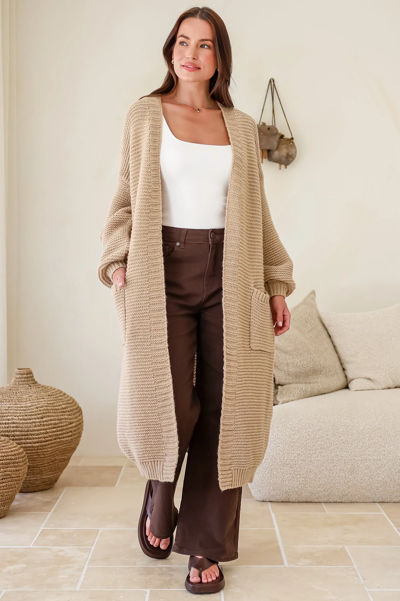 Jacky Cardigan - Ribbed Longline Knit with Balloon Sleeves and Pockets in Beige - Image 3