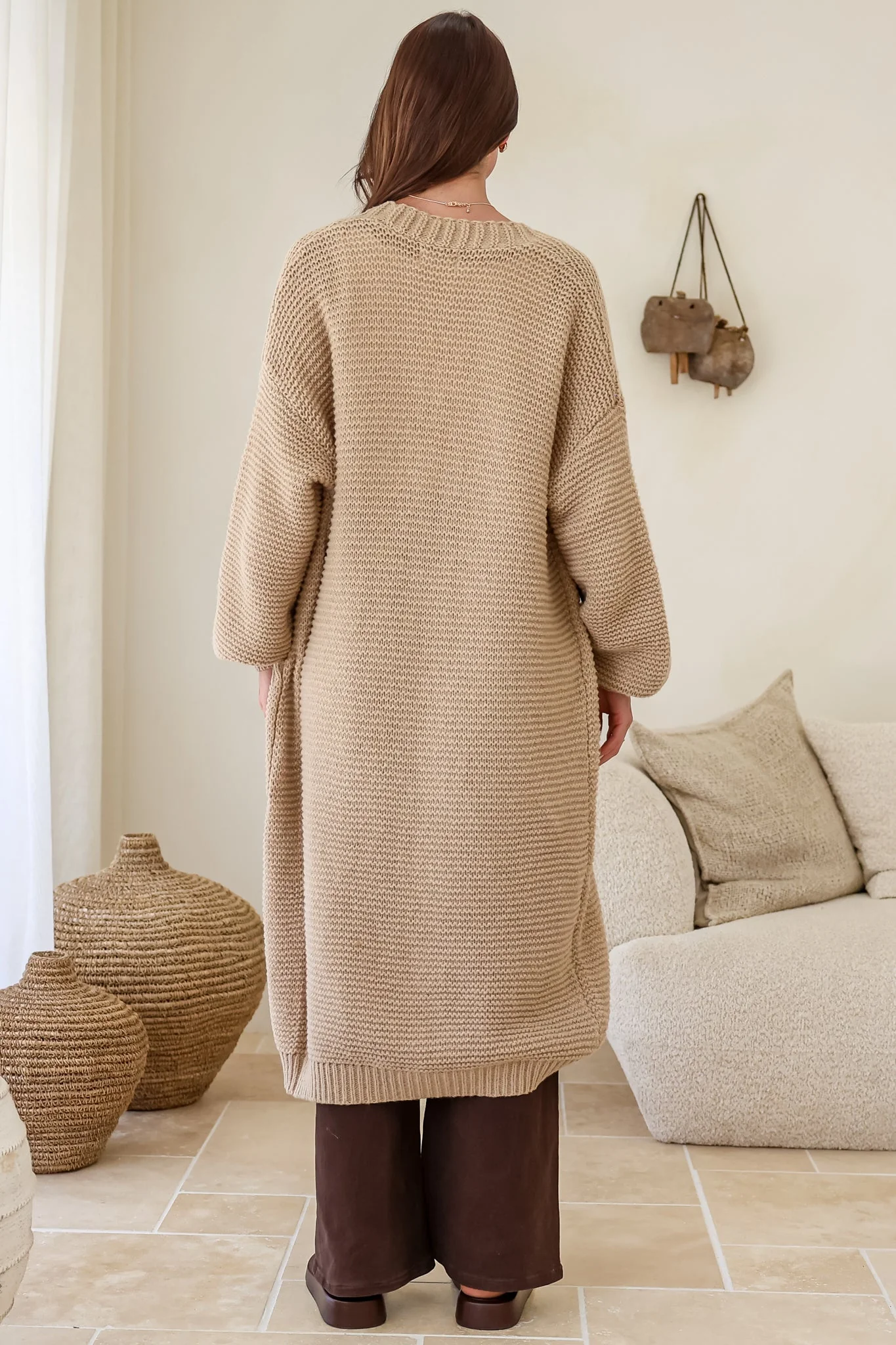 Jacky Cardigan - Ribbed Longline Knit with Balloon Sleeves and Pockets in Beige - Image 9