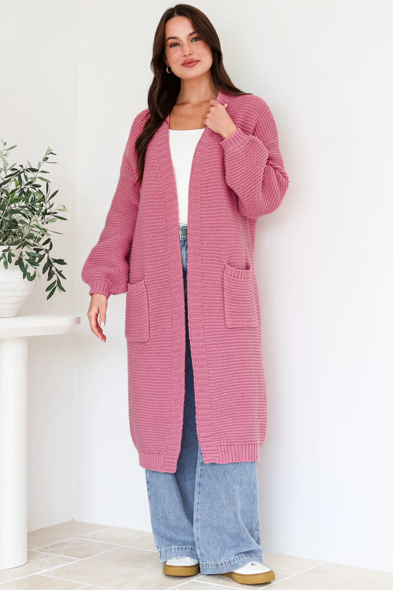 Jacky Cardigan - Ribbed Longline Knit with Balloon Sleeves and Pockets in Pink - Image 2