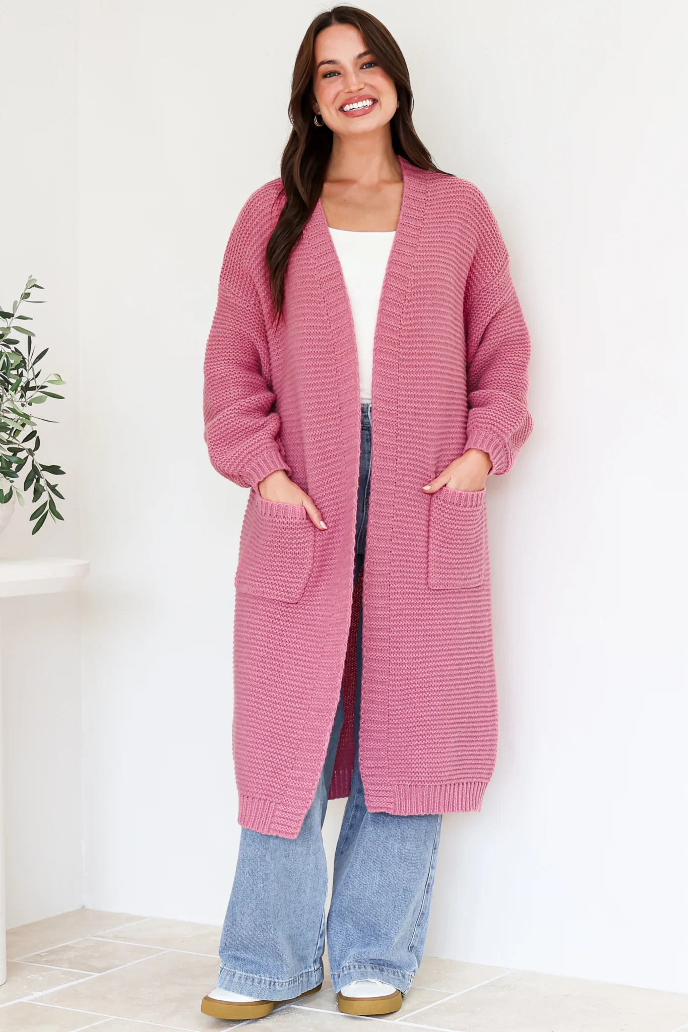 Jacky Cardigan - Ribbed Longline Knit with Balloon Sleeves and Pockets in Pink - Image 3