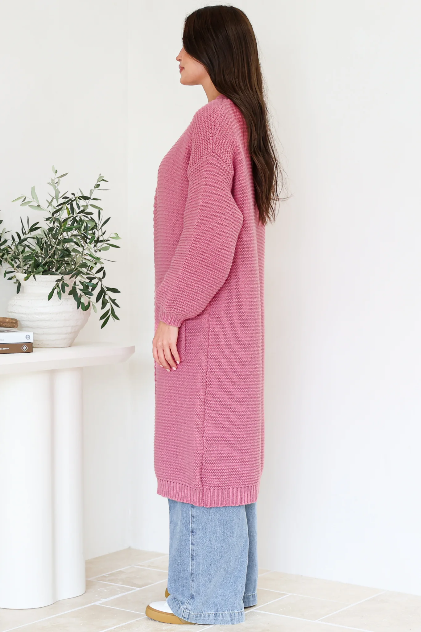 Jacky Cardigan - Ribbed Longline Knit with Balloon Sleeves and Pockets in Pink - Image 4