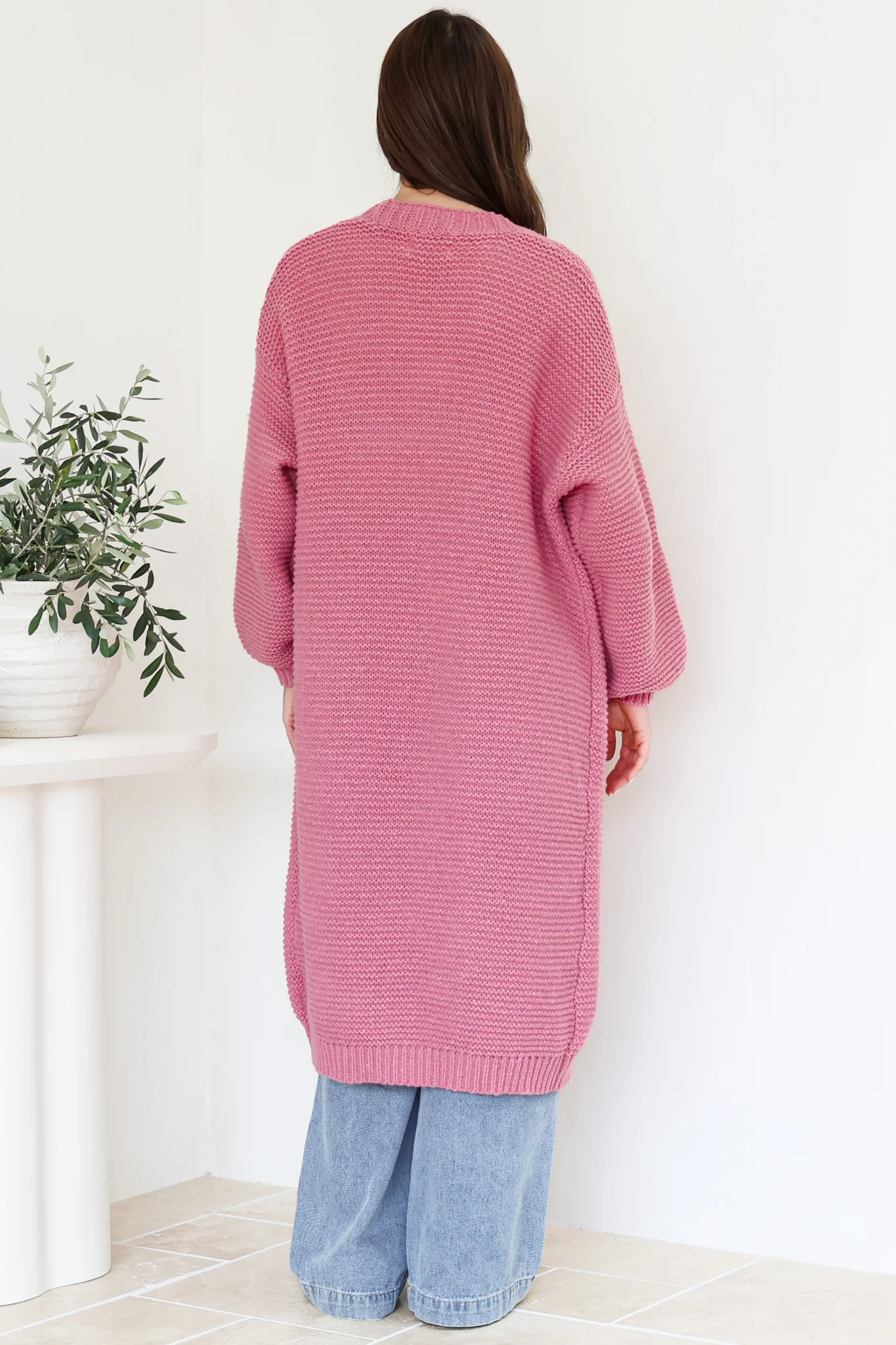 Jacky Cardigan - Ribbed Longline Knit with Balloon Sleeves and Pockets in Pink - Image 5