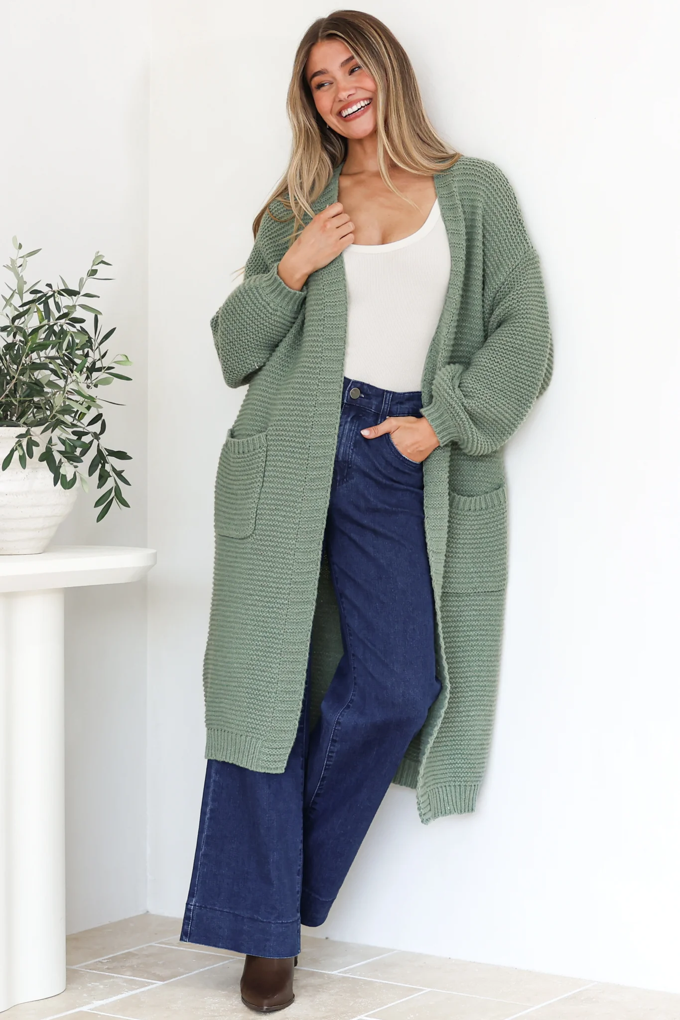 Jacky Cardigan - Ribbed Longline Knit with Balloon Sleeves and Pockets in Sage - Image 2