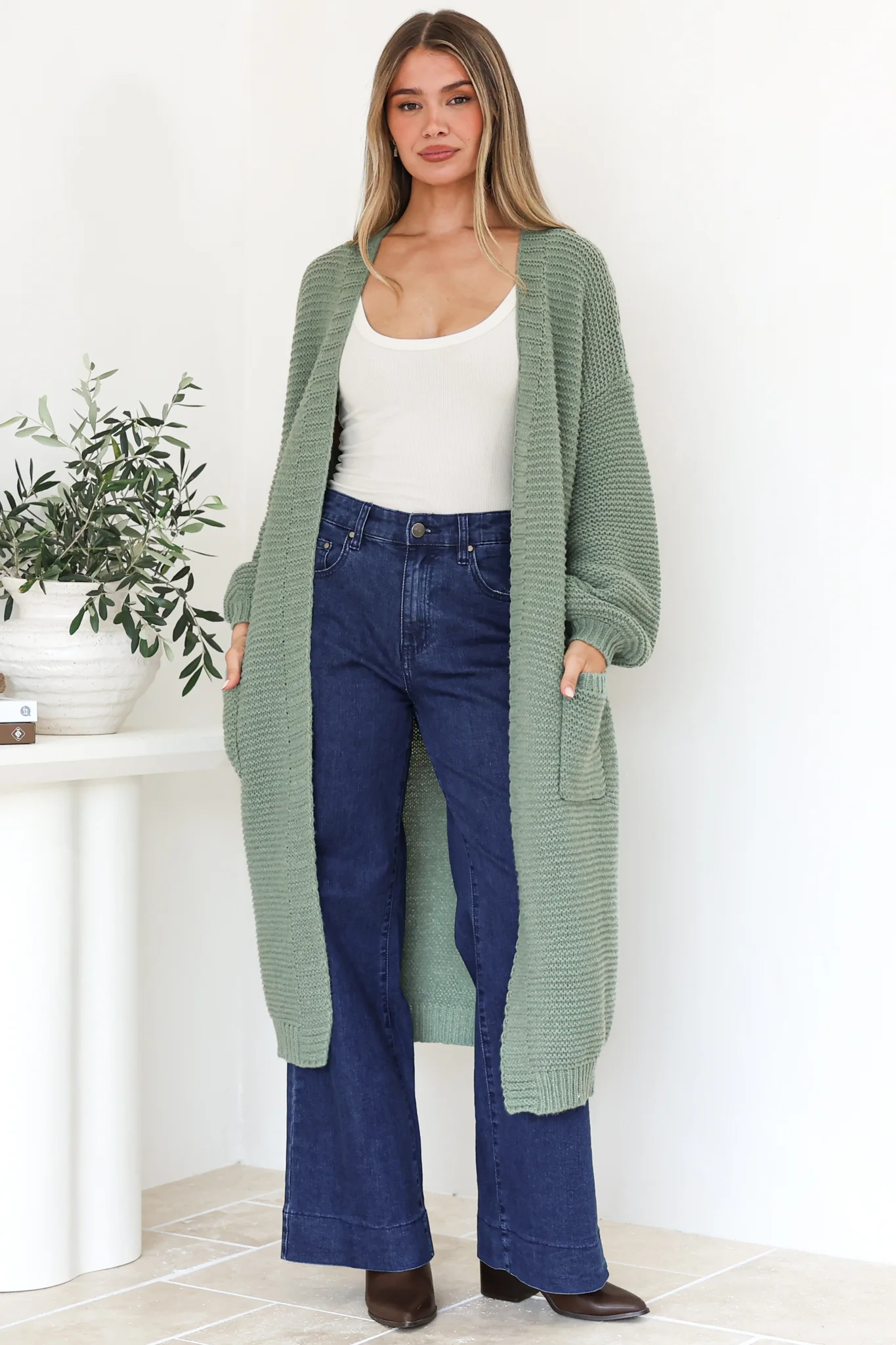 Jacky Cardigan - Ribbed Longline Knit with Balloon Sleeves and Pockets in Sage - Image 3