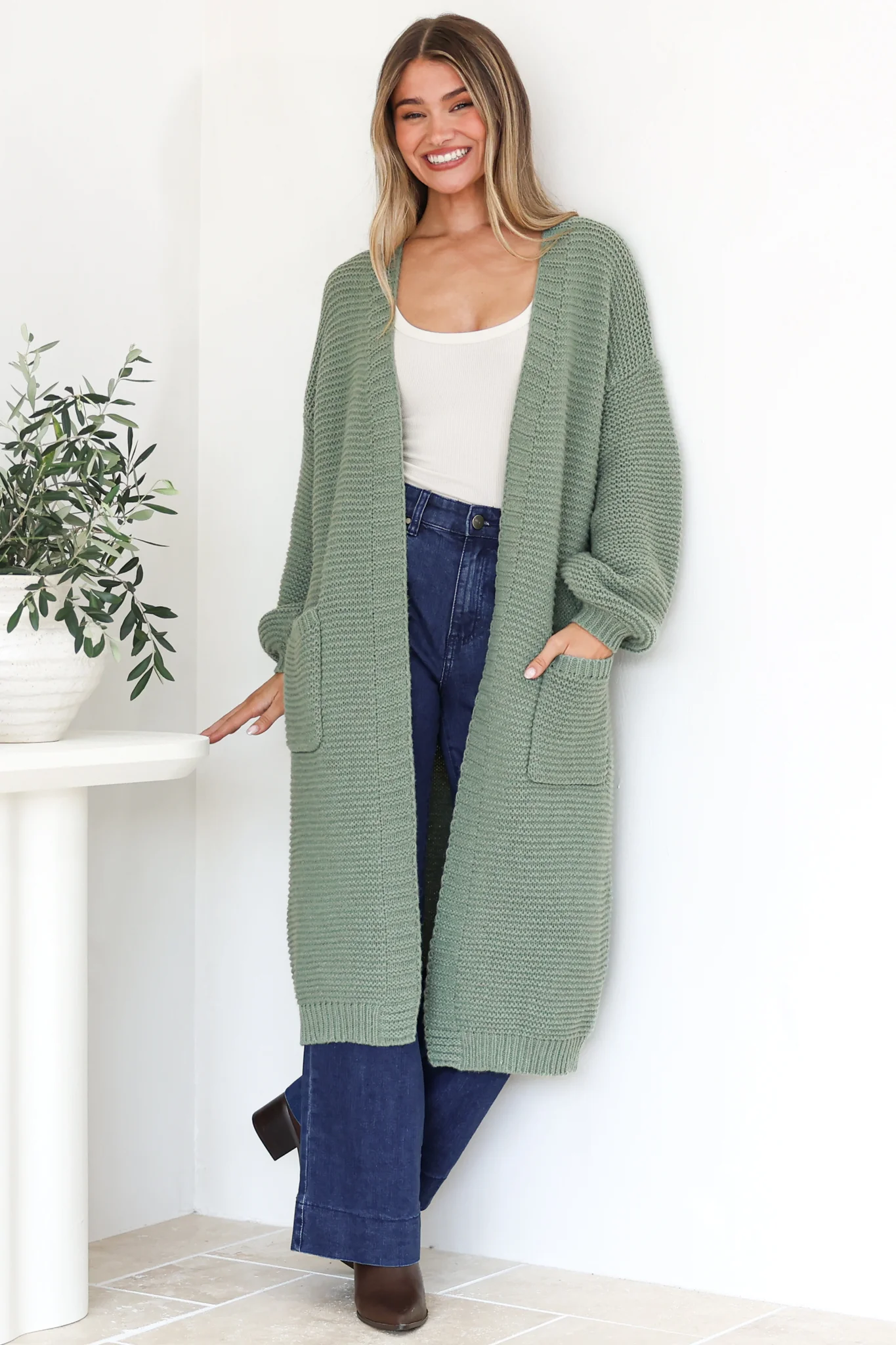 Jacky Cardigan - Ribbed Longline Knit with Balloon Sleeves and Pockets in Sage - Image 4