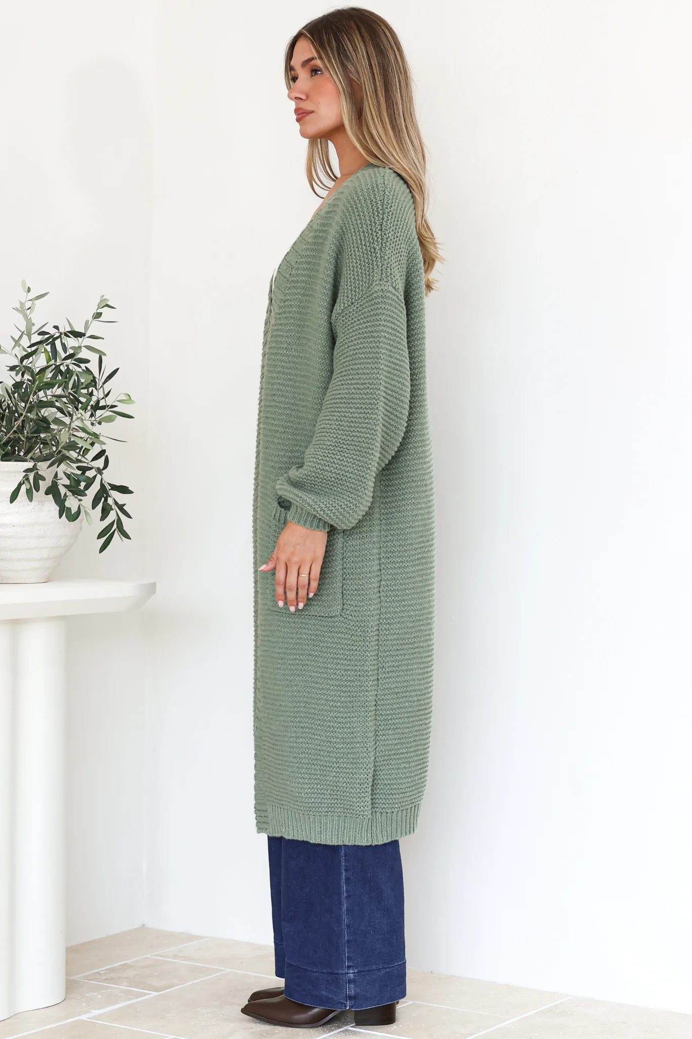 Jacky Cardigan - Ribbed Longline Knit with Balloon Sleeves and Pockets in Sage - Image 5
