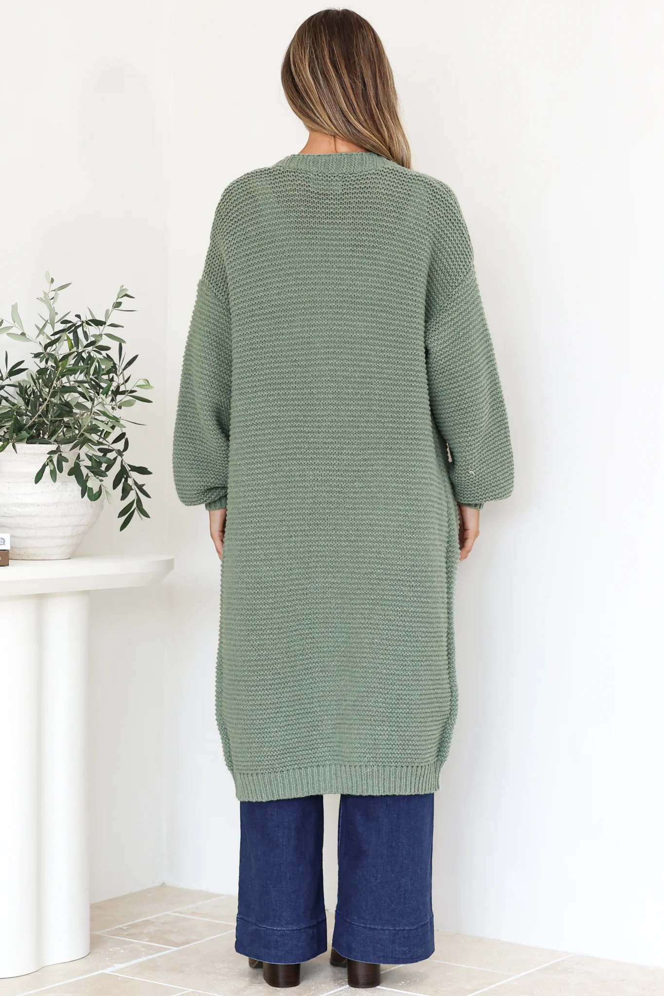 Jacky Cardigan - Ribbed Longline Knit with Balloon Sleeves and Pockets in Sage - Image 6