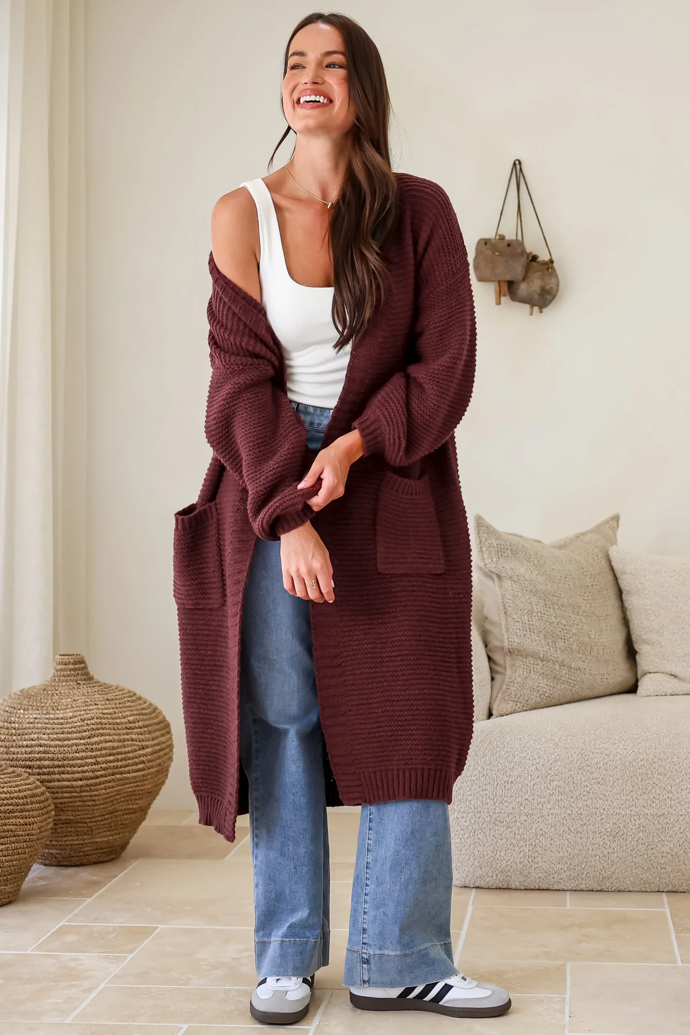 Jacky Cardigan - Ribbed Longline Knit with Balloon Sleeves and Pockets in Wine - Image 2