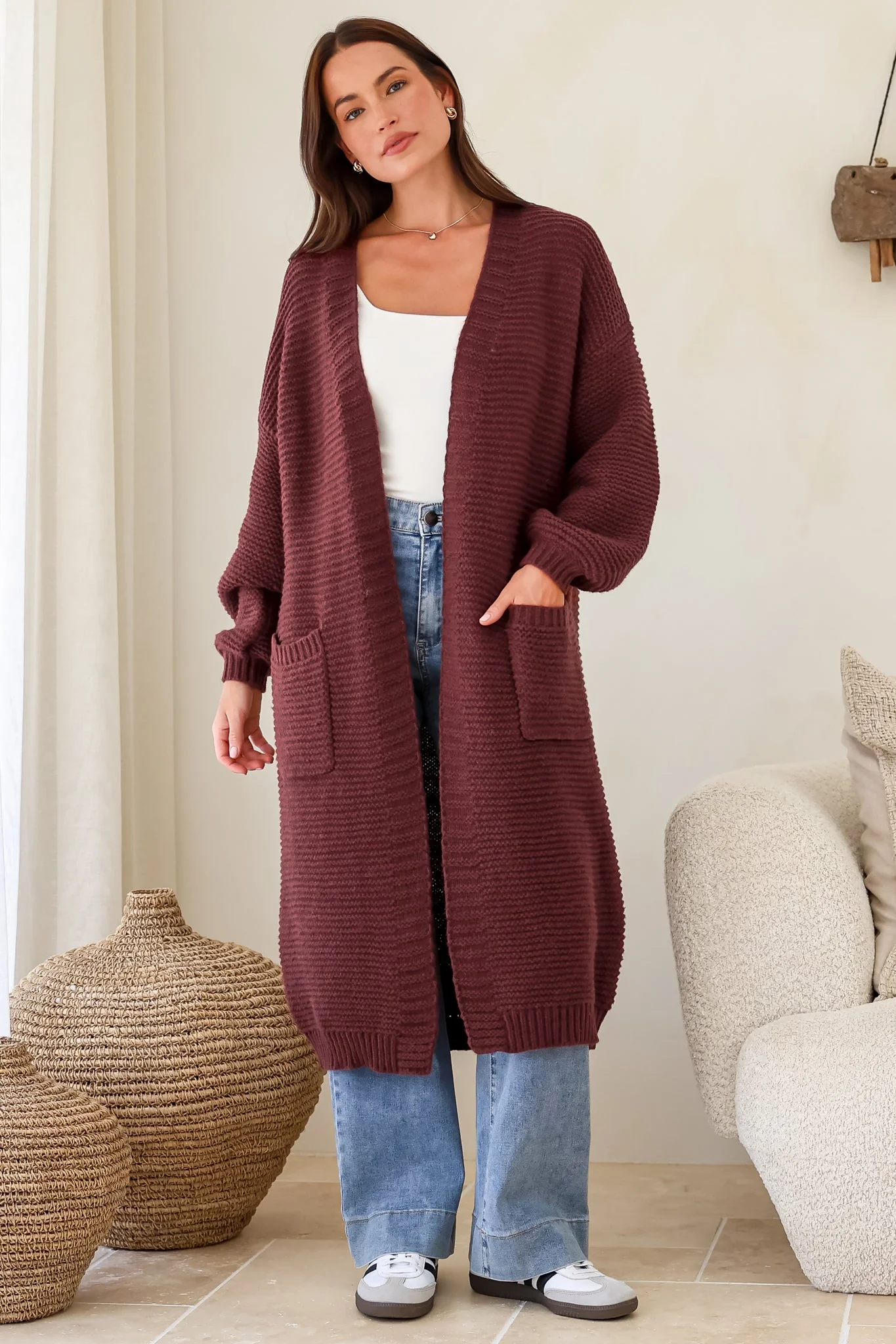 Jacky Cardigan - Ribbed Longline Knit with Balloon Sleeves and Pockets in Wine - Image 3