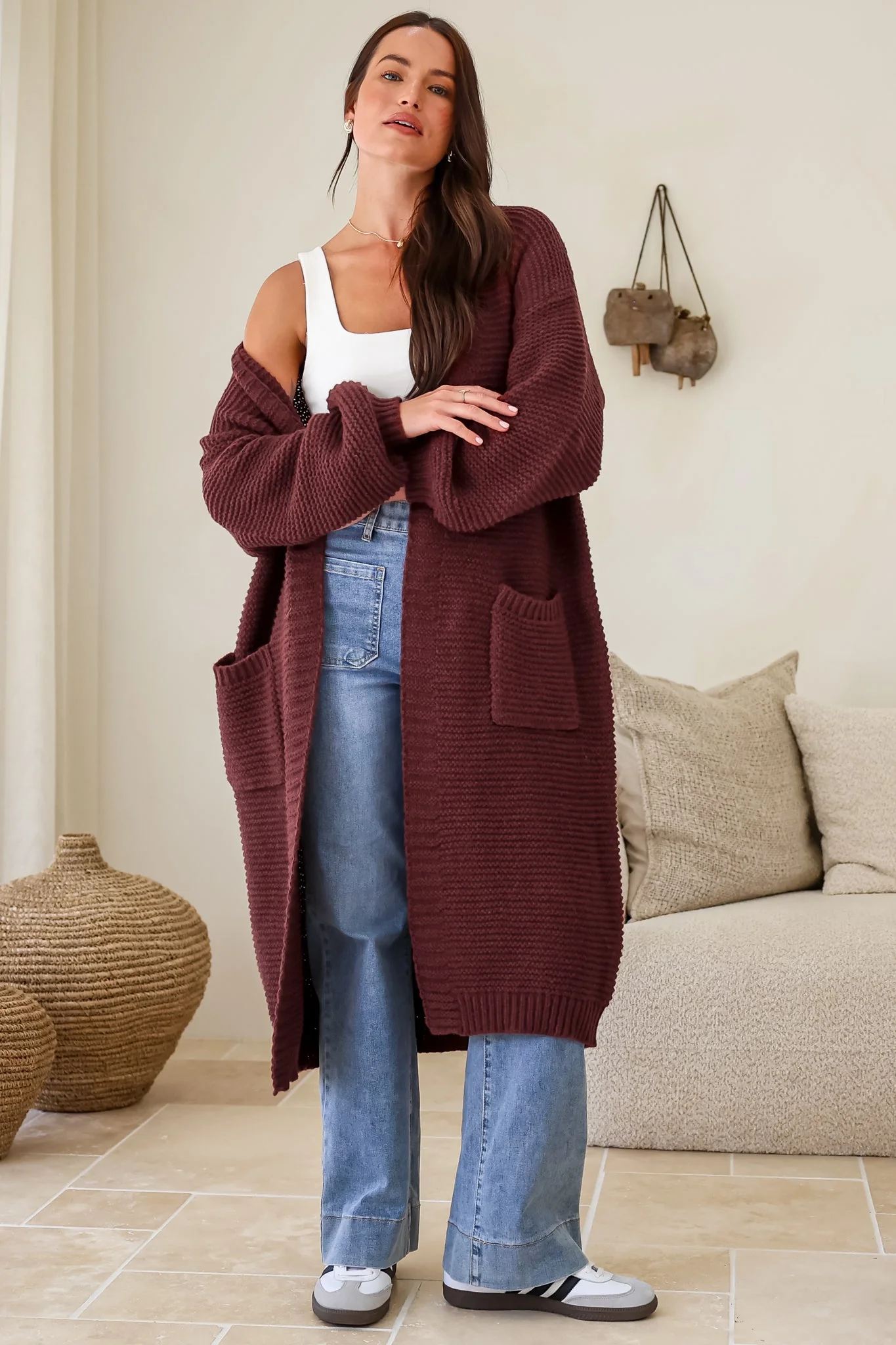 Jacky Cardigan - Ribbed Longline Knit with Balloon Sleeves and Pockets in Wine - Image 4