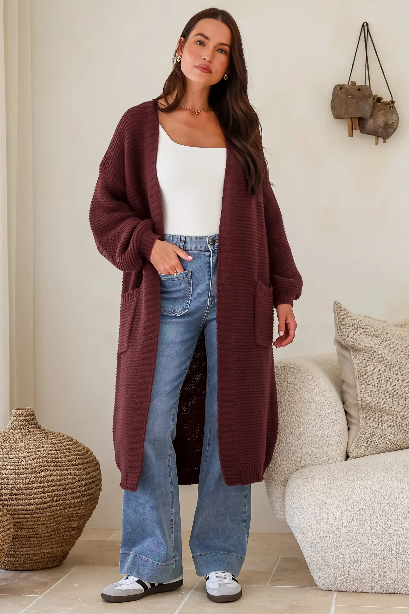 Jacky Cardigan - Ribbed Longline Knit with Balloon Sleeves and Pockets in Wine - Image 5