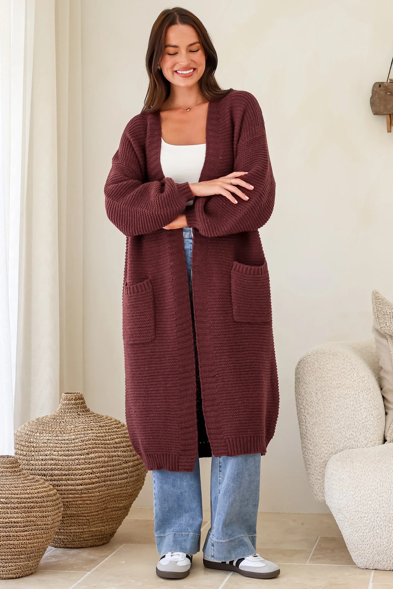 Jacky Cardigan - Ribbed Longline Knit with Balloon Sleeves and Pockets in Wine - Image 6
