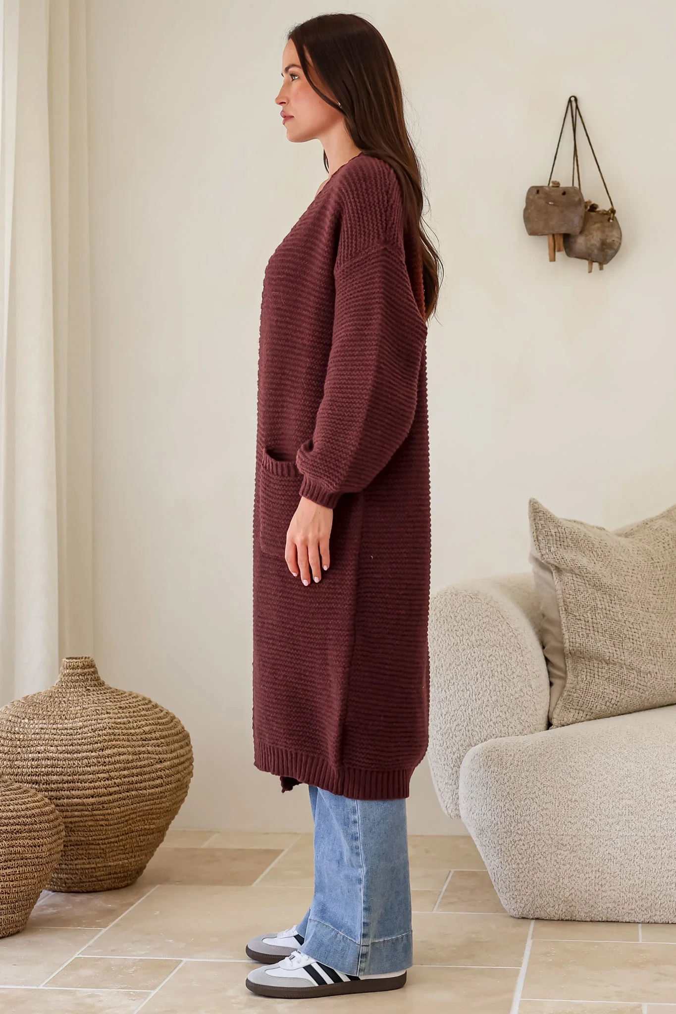Jacky Cardigan - Ribbed Longline Knit with Balloon Sleeves and Pockets in Wine - Image 7