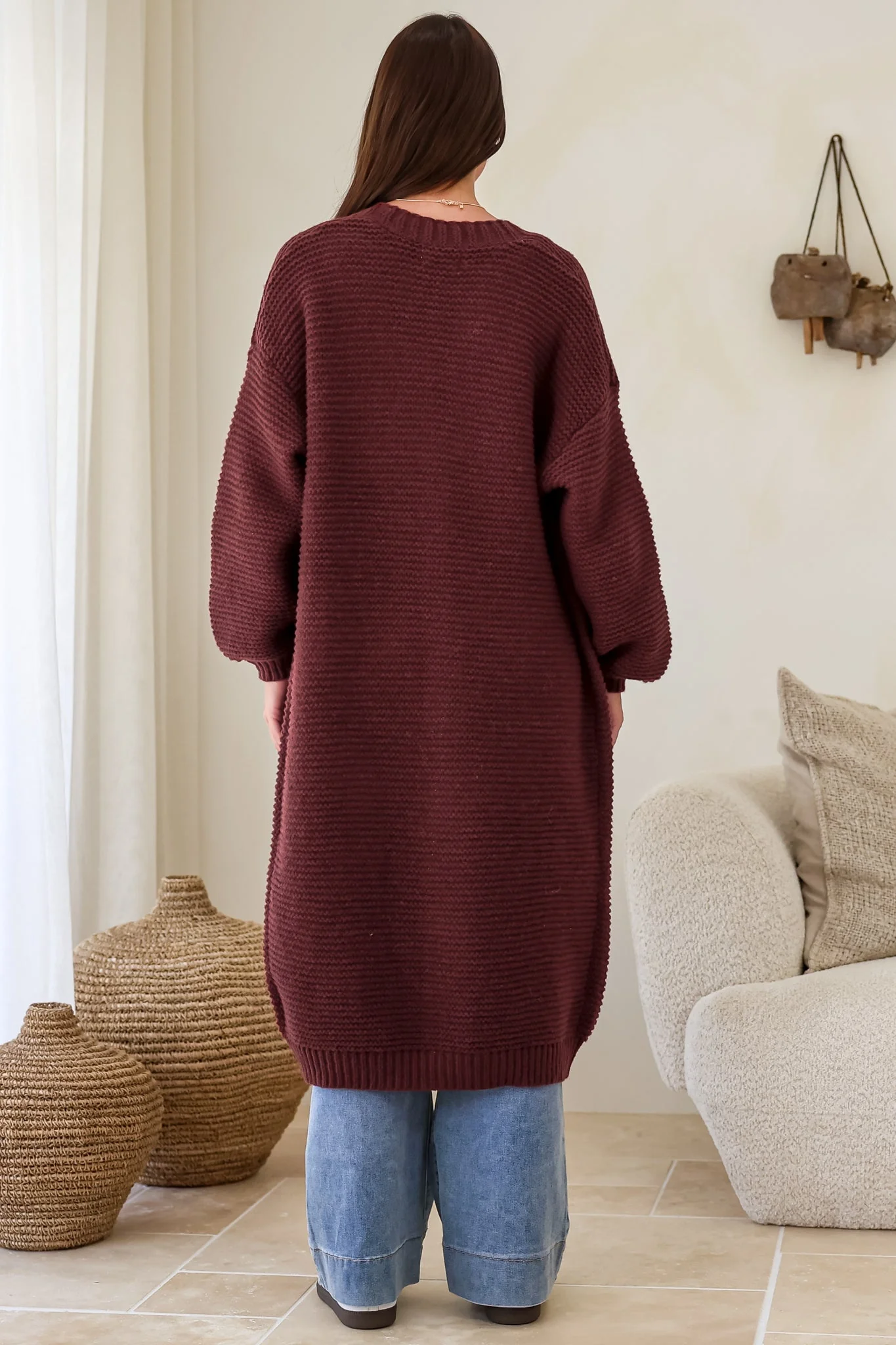 Jacky Cardigan - Ribbed Longline Knit with Balloon Sleeves and Pockets in Wine - Image 8