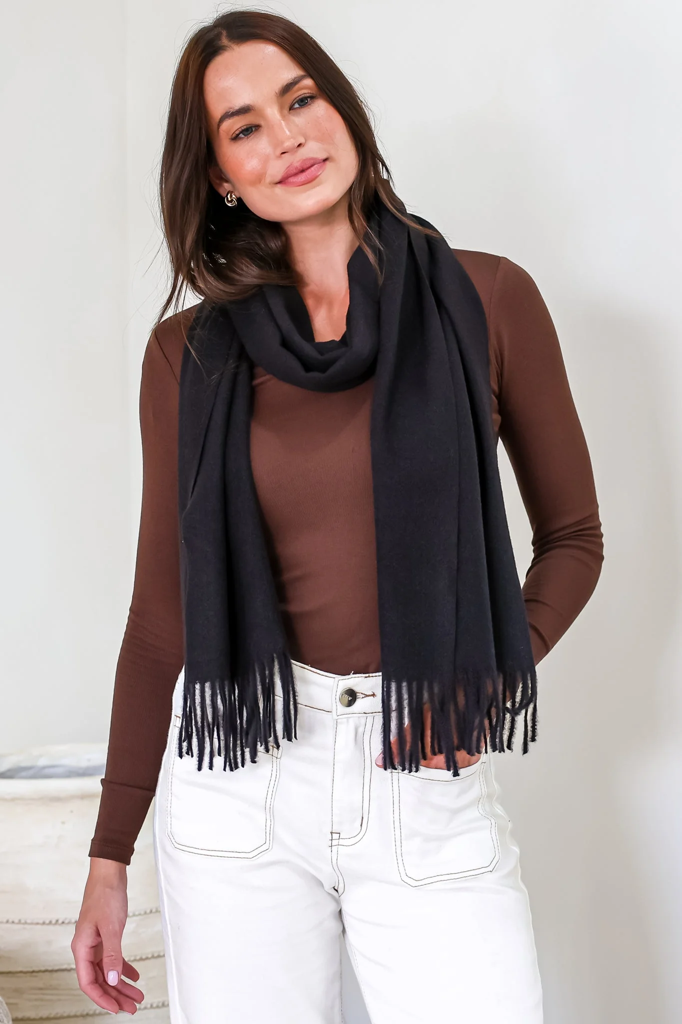 Jacory Scarf - Soft Cozy Wrap Scarf with Tassel Detail in Black - Image 2