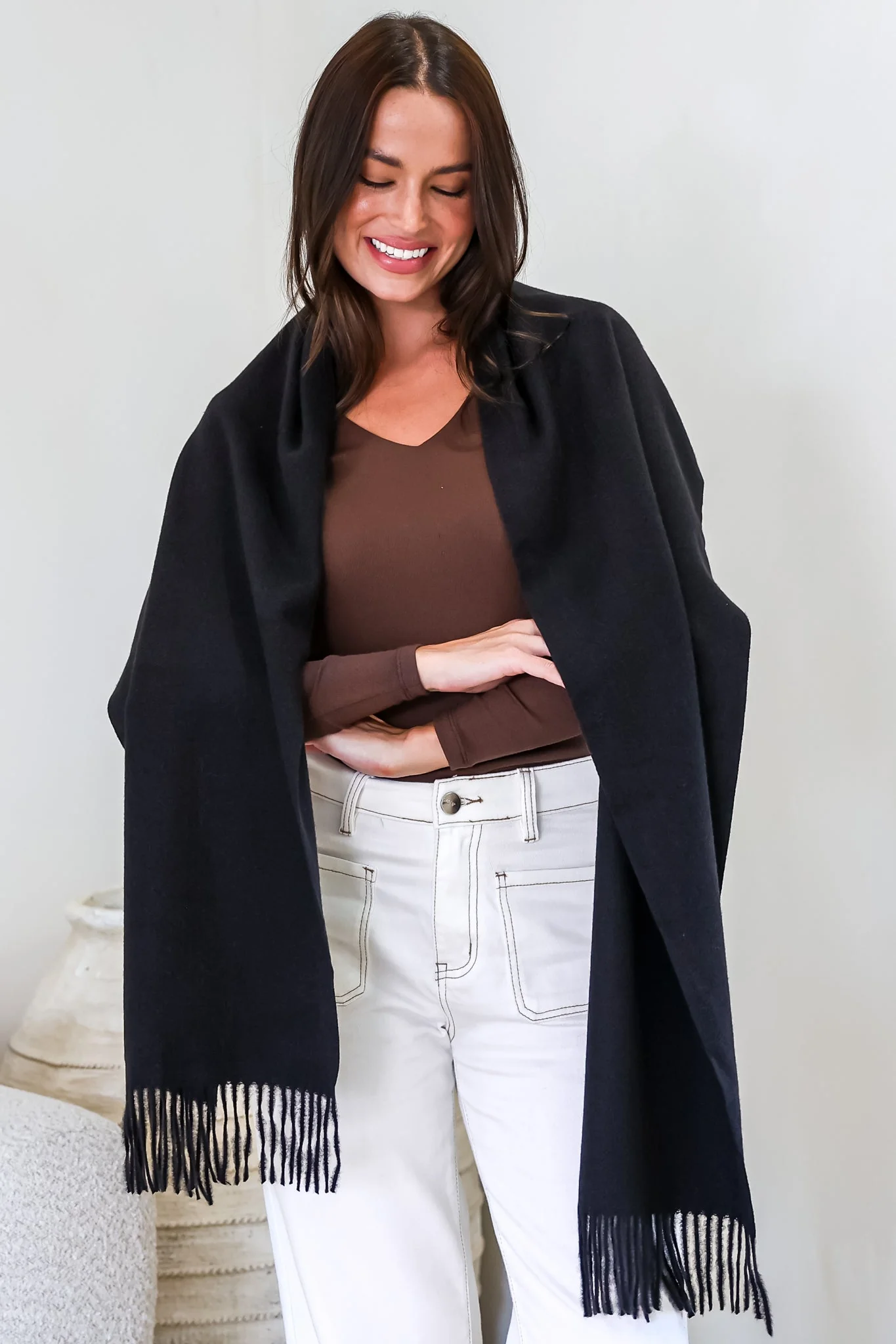 Jacory Scarf - Soft Cozy Wrap Scarf with Tassel Detail in Black - Image 3