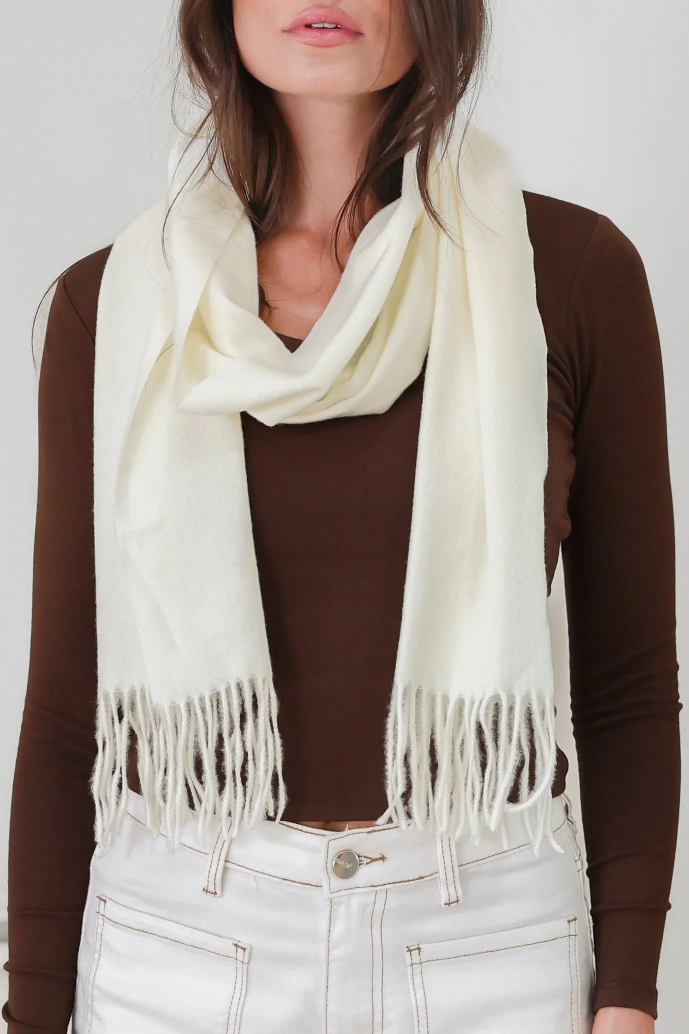Jacory Scarf - Soft Cozy Wrap Scarf with Tassel Detail in Cream - Image 4