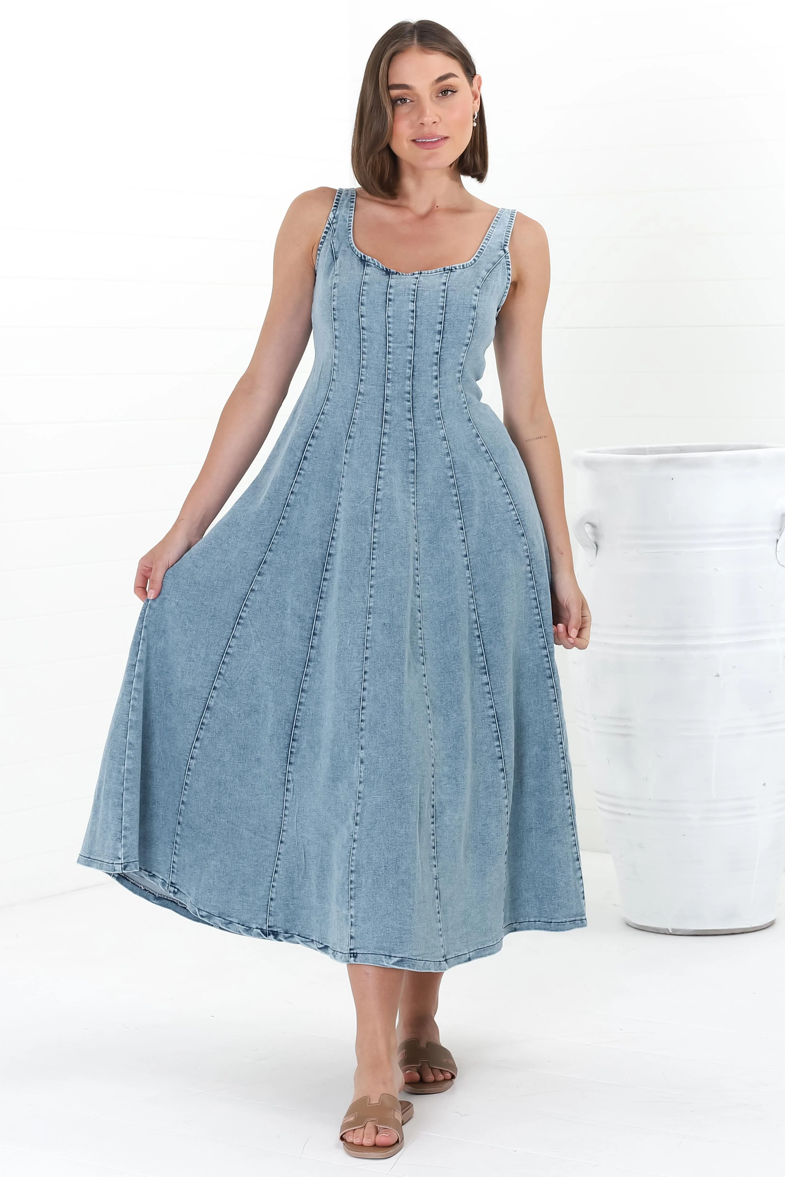 Jadely Midi Dress - Adjustable Strap A-Line Denim Sun Dress in Light Denim - Image 10