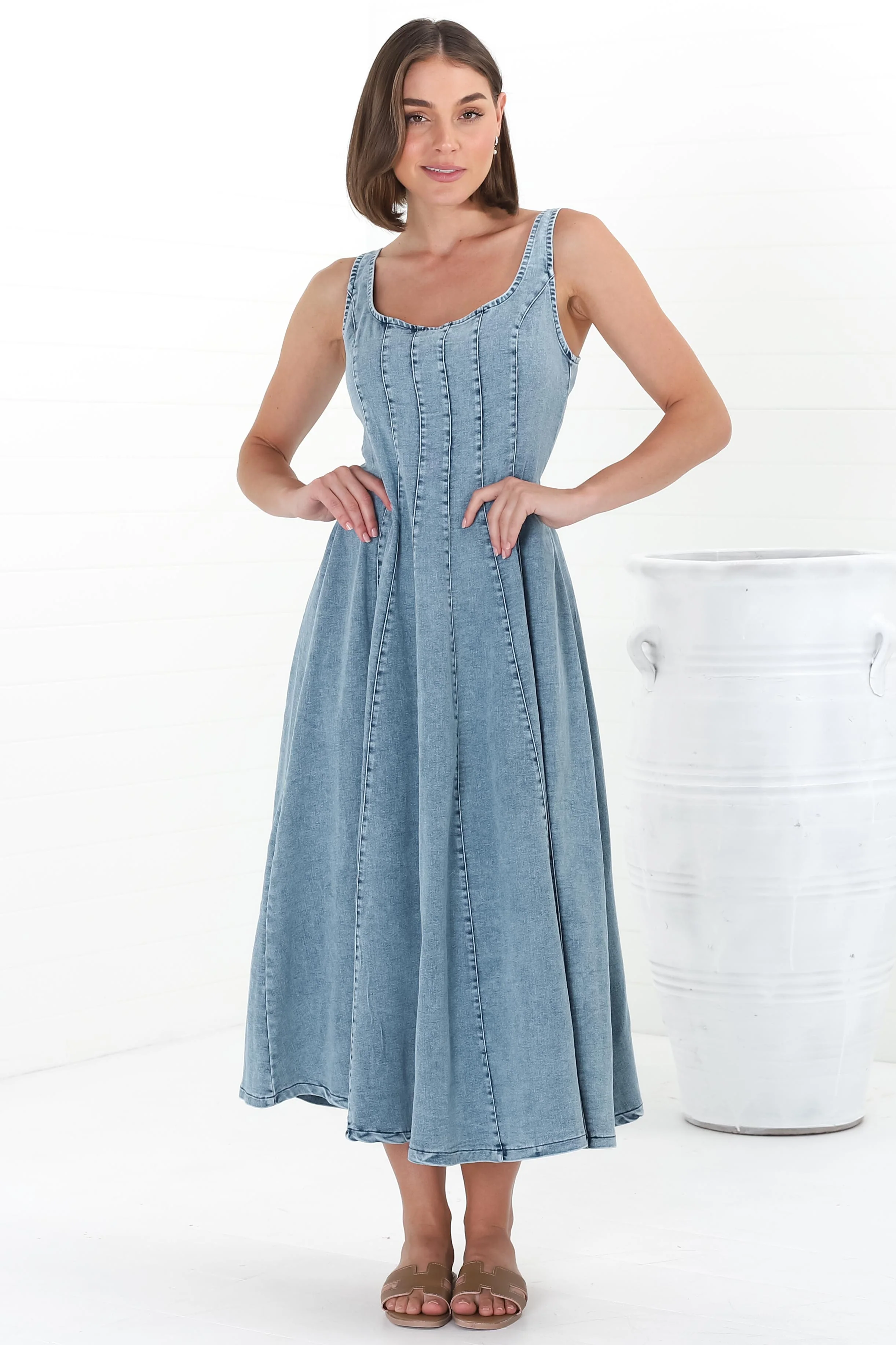 Jadely Midi Dress - Adjustable Strap A-Line Denim Sun Dress in Light Denim - Image 12