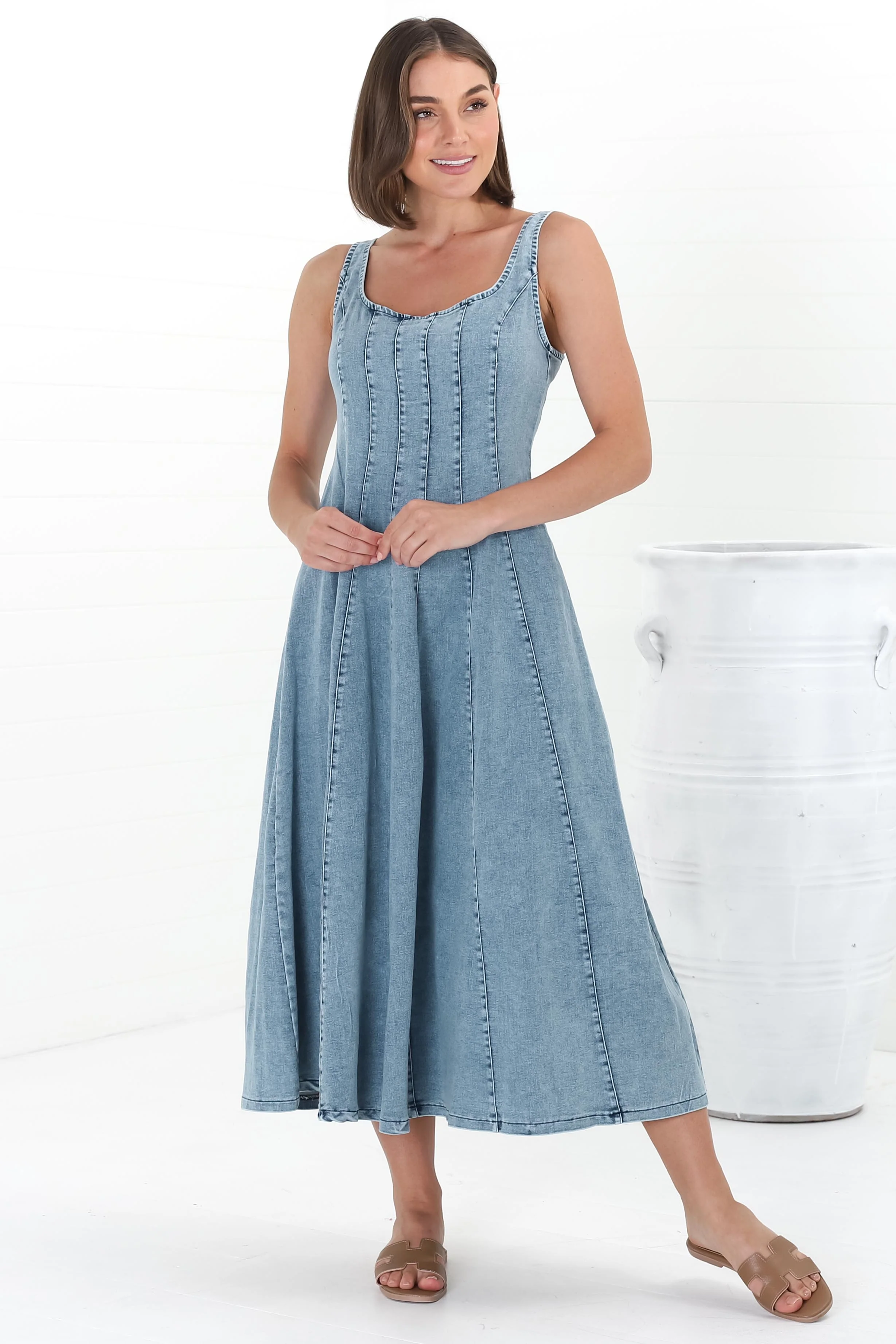 Jadely Midi Dress - Adjustable Strap A-Line Denim Sun Dress in Light Denim - Image 13
