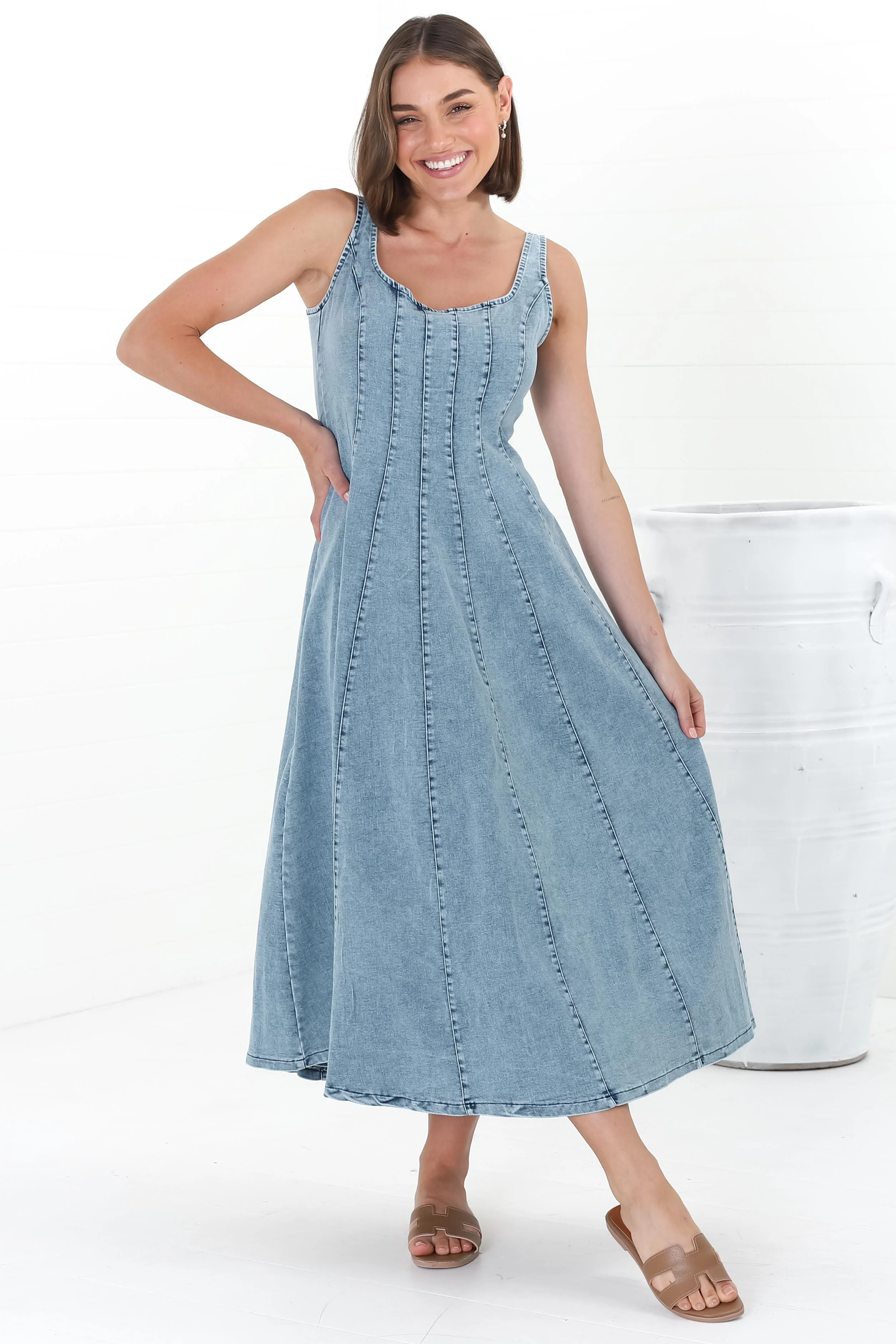 Jadely Midi Dress - Adjustable Strap A-Line Denim Sun Dress in Light Denim - Image 14