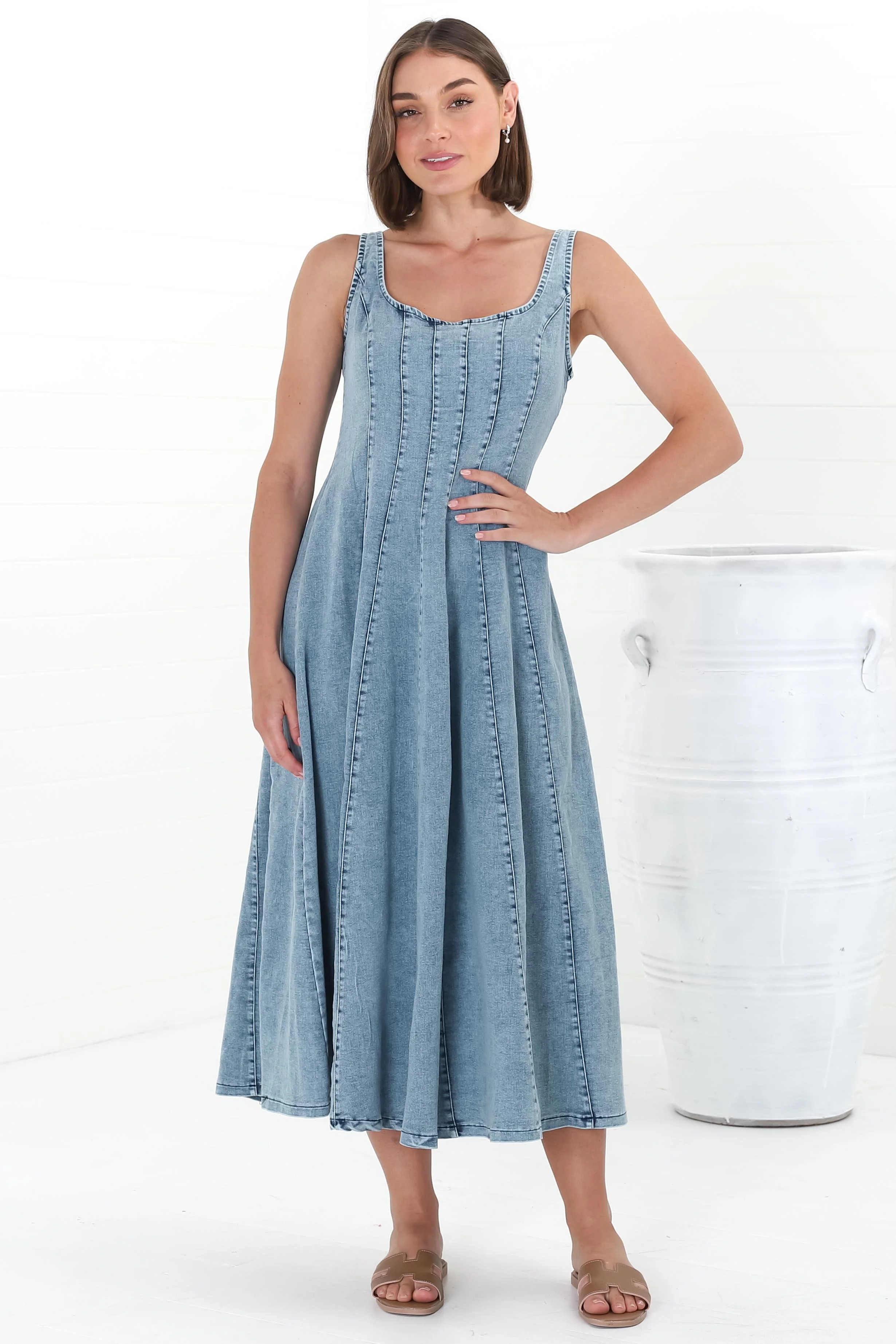 Jadely Midi Dress - Adjustable Strap A-Line Denim Sun Dress in Light Denim - Image 16
