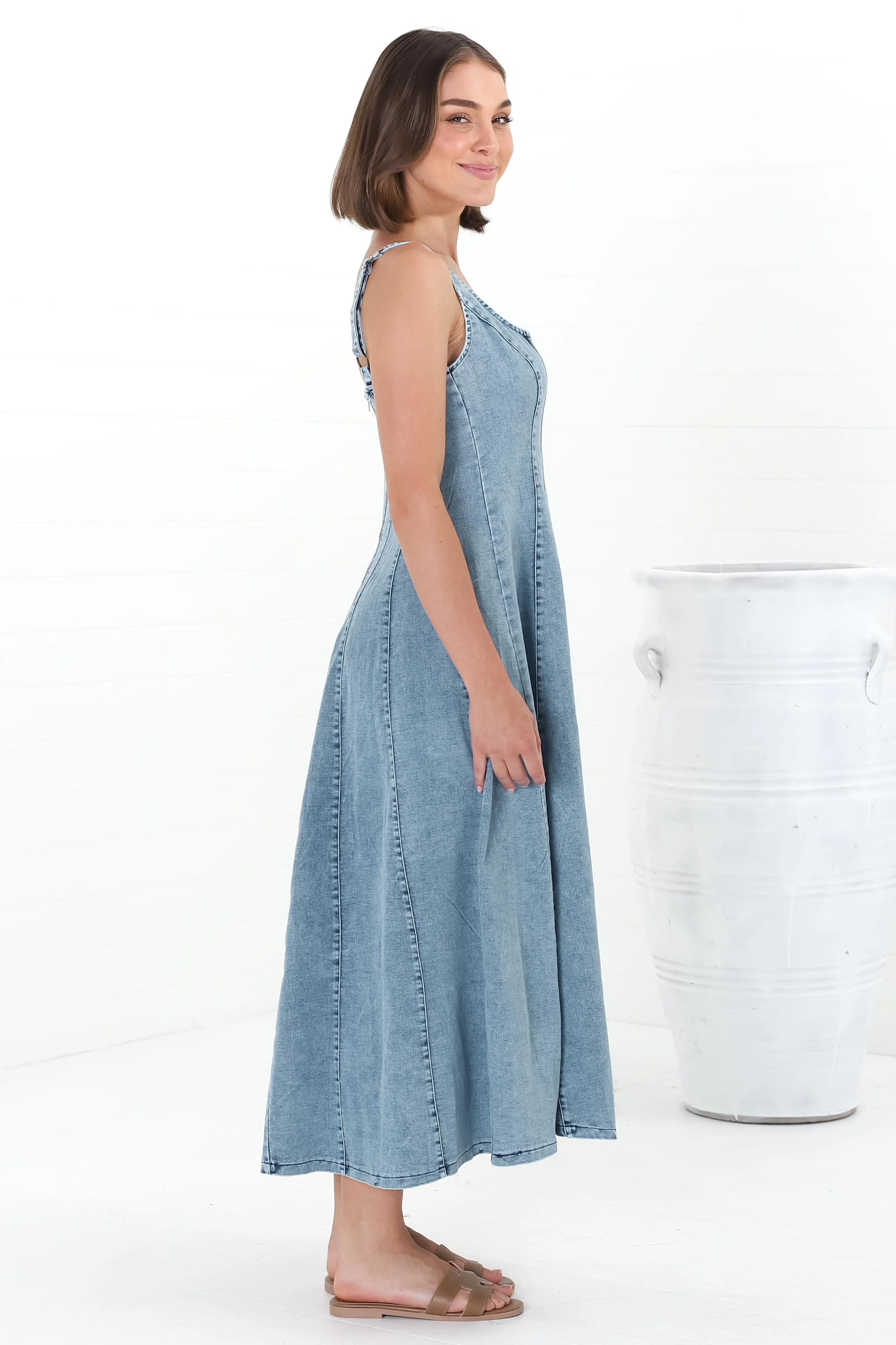 Jadely Midi Dress - Adjustable Strap A-Line Denim Sun Dress in Light Denim - Image 17