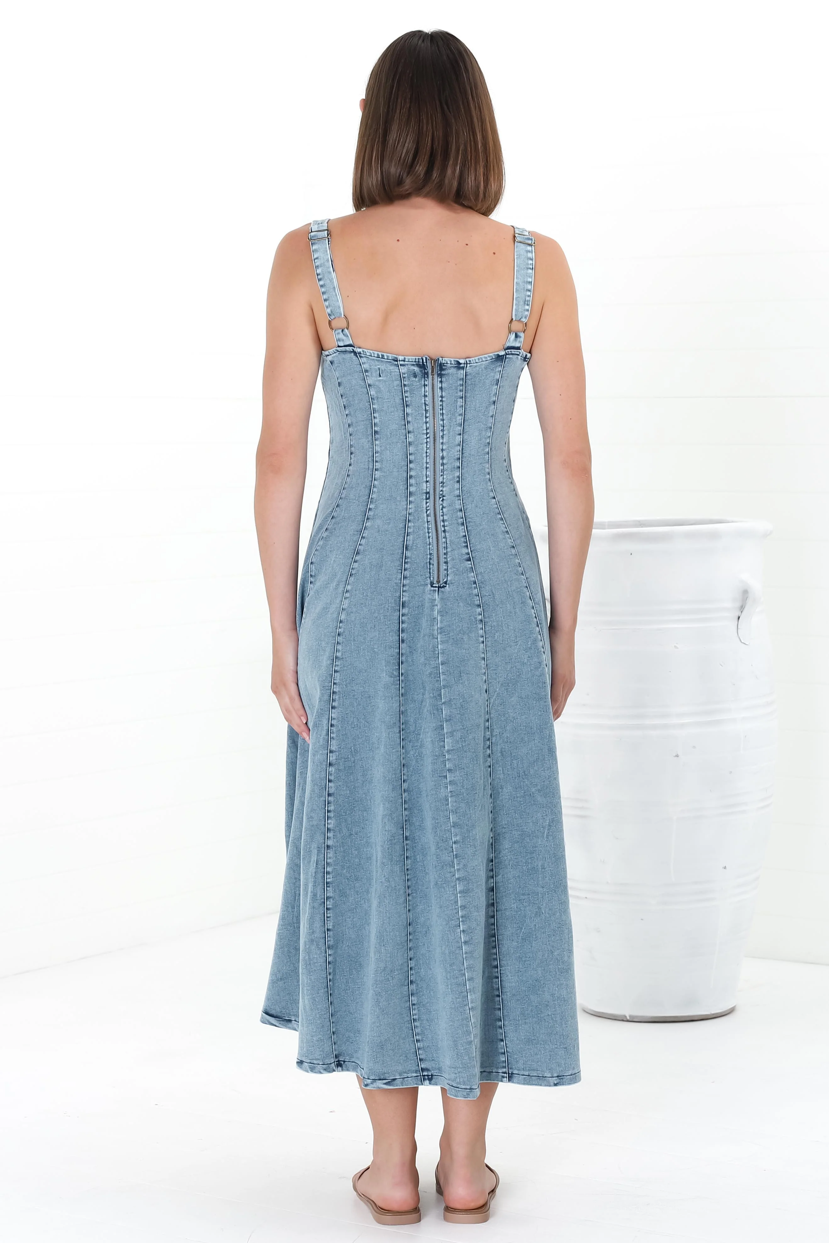 Jadely Midi Dress - Adjustable Strap A-Line Denim Sun Dress in Light Denim - Image 19