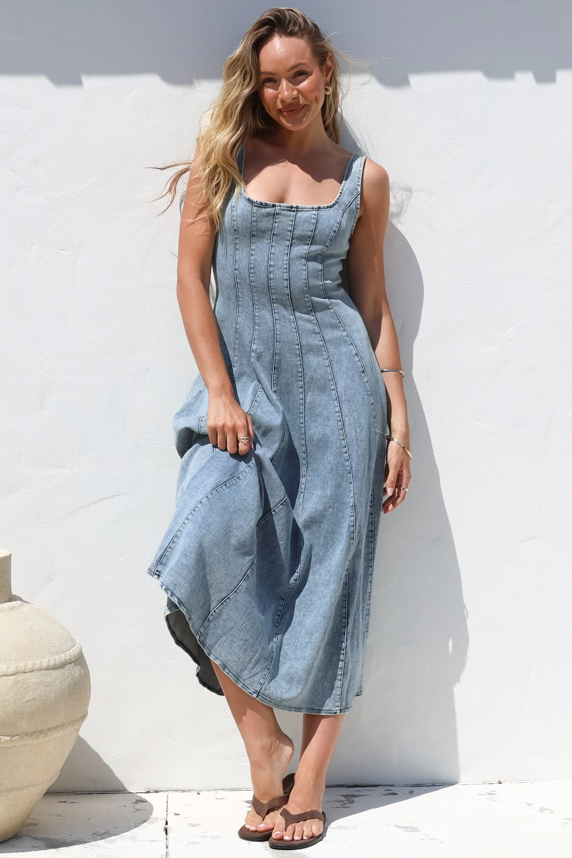 Jadely Midi Dress - Adjustable Strap A-Line Denim Sun Dress in Light Denim - Image 2