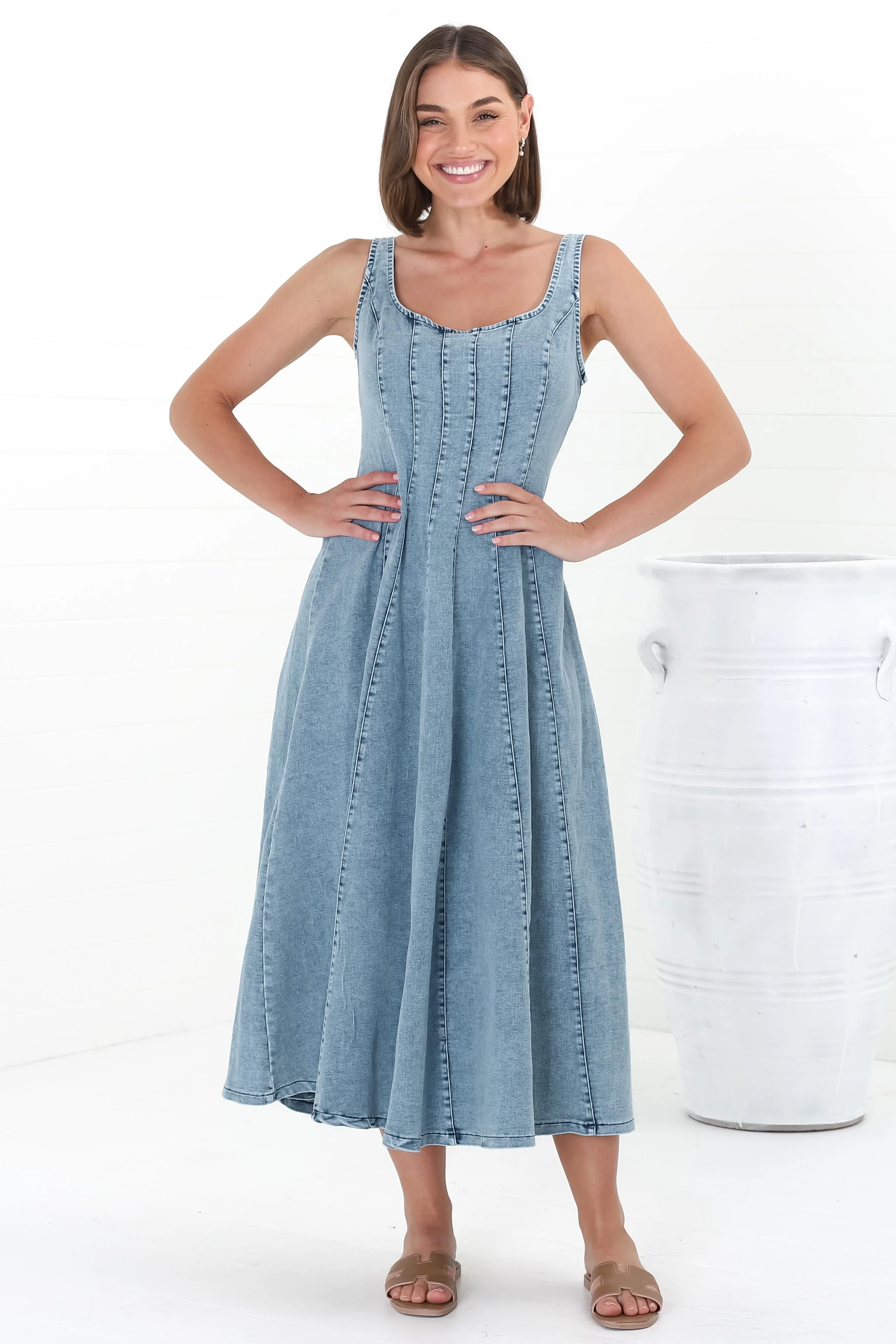 Jadely Midi Dress - Adjustable Strap A-Line Denim Sun Dress in Light Denim - Image 4