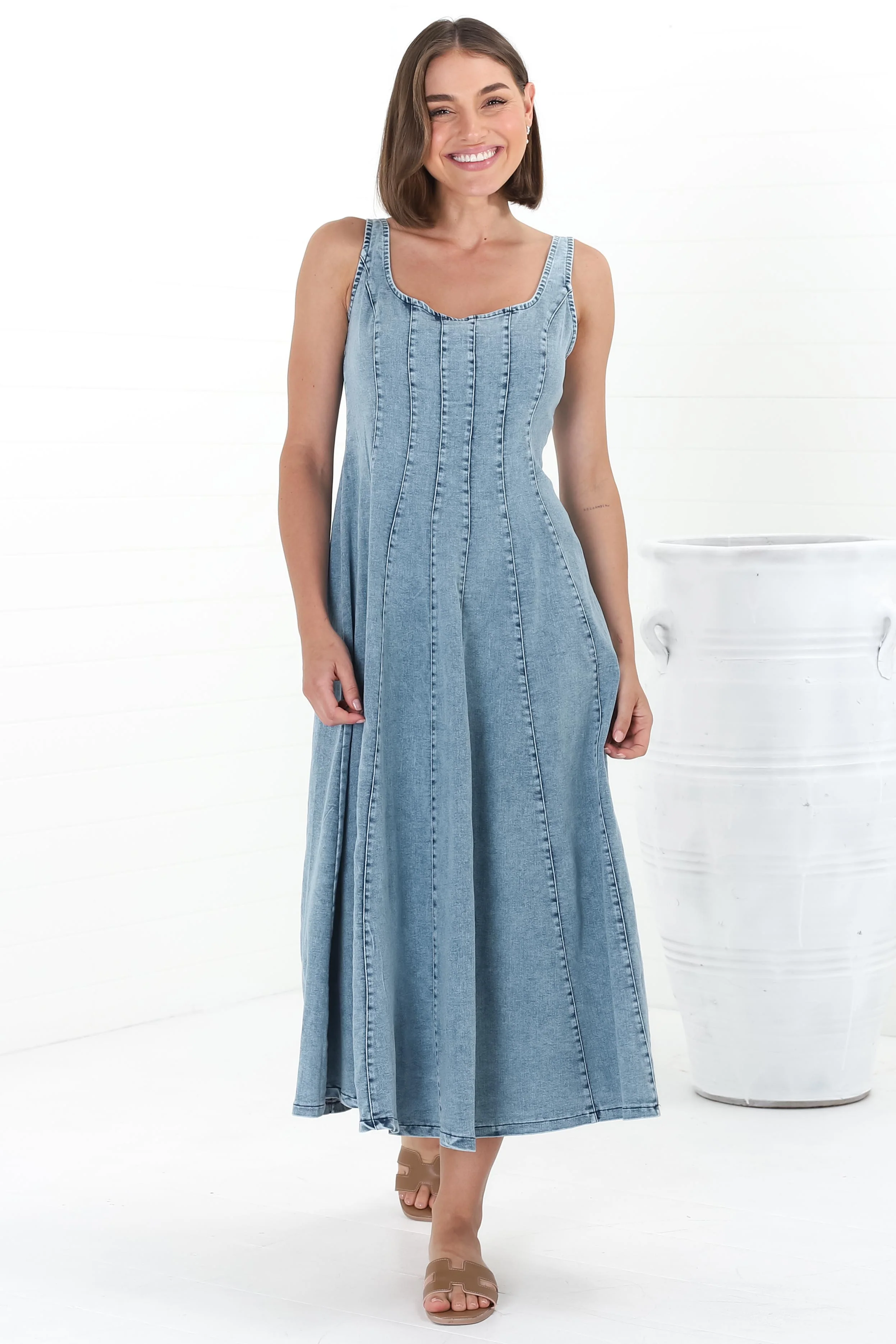 Jadely Midi Dress - Adjustable Strap A-Line Denim Sun Dress in Light Denim - Image 6