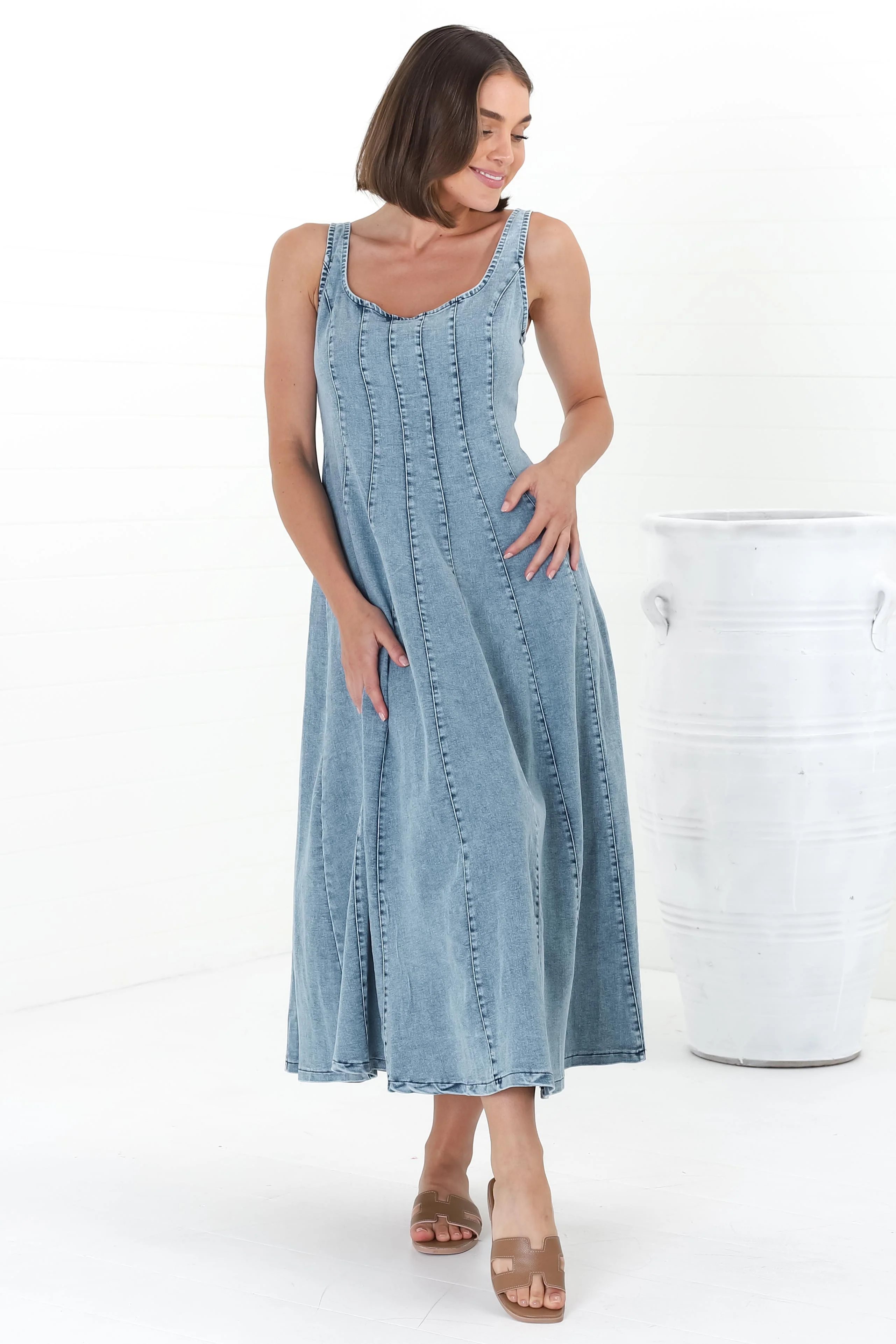 Jadely Midi Dress - Adjustable Strap A-Line Denim Sun Dress in Light Denim - Image 8