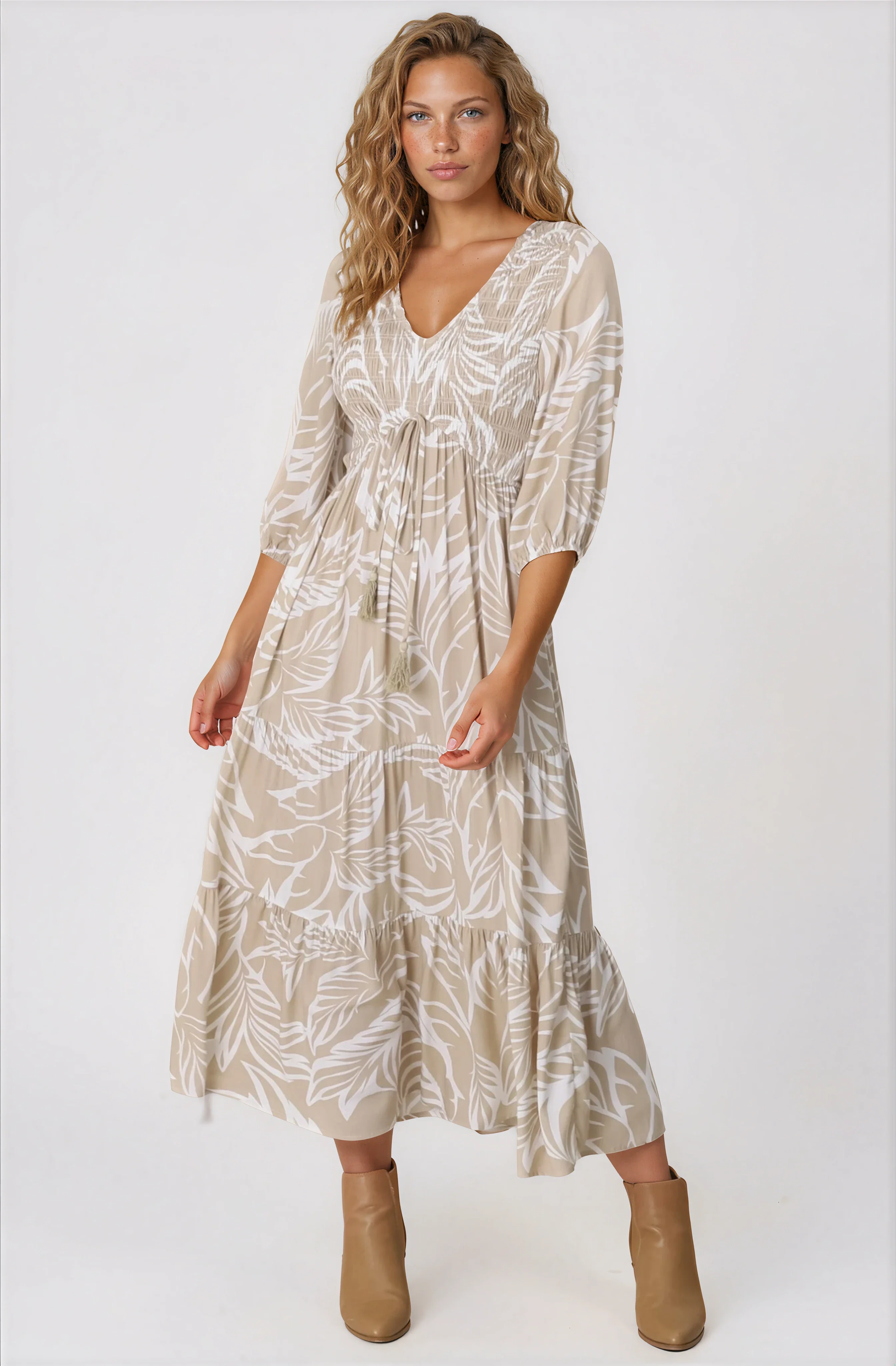 Jaden Midi Dress - Elasticated Bodice A-Line Dress in Jeani Print Beige - Image 10