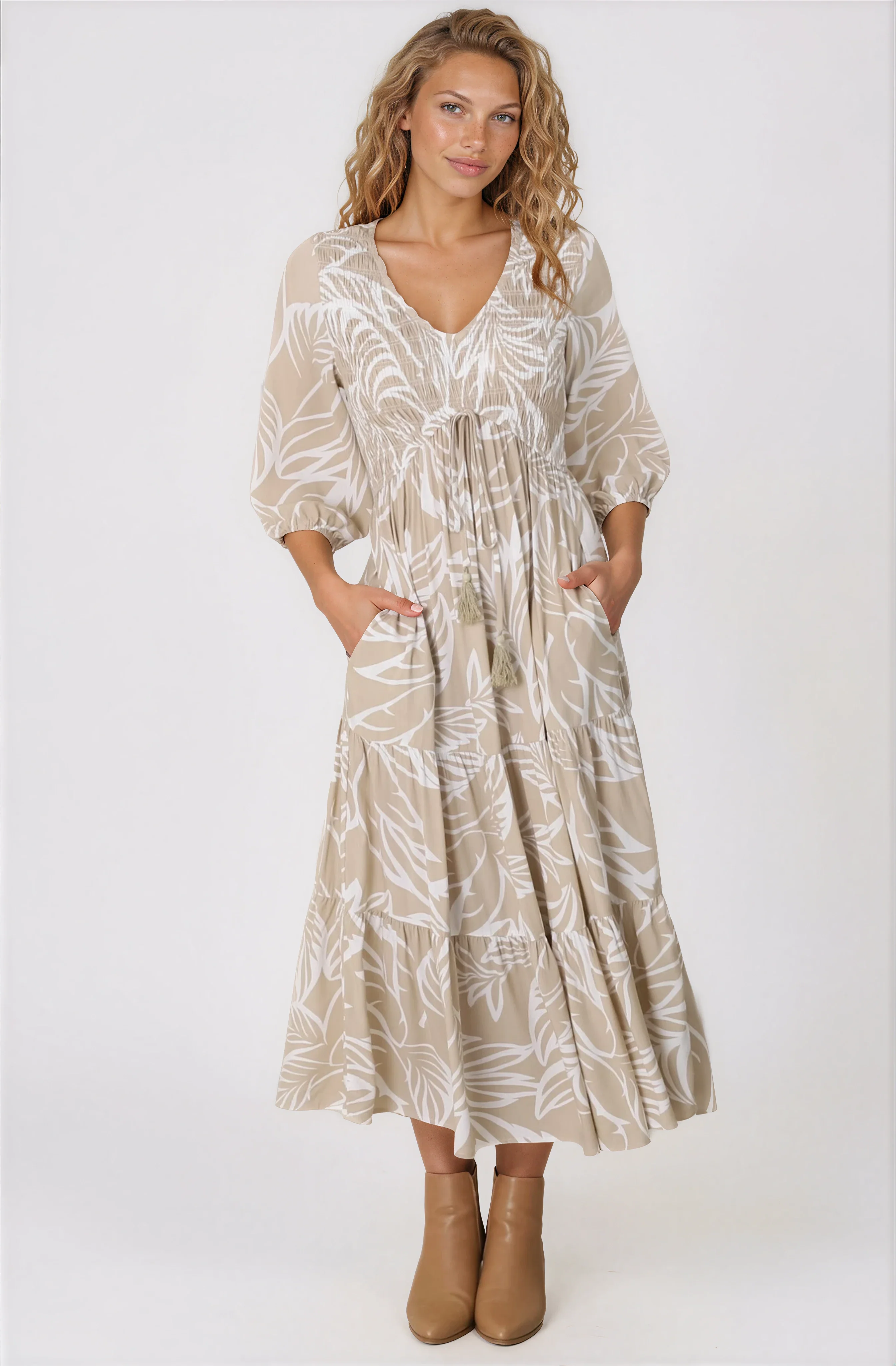 Jaden Midi Dress - Elasticated Bodice A-Line Dress in Jeani Print Beige - Image 11