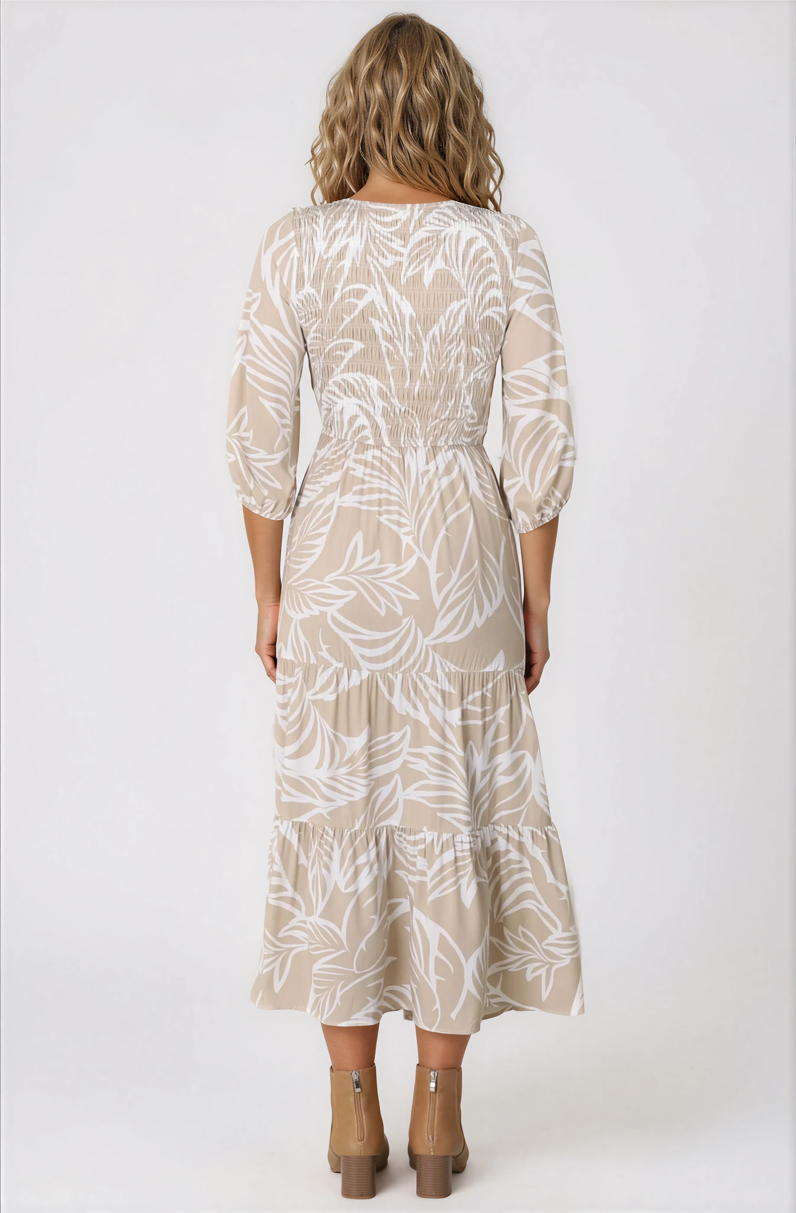 Jaden Midi Dress - Elasticated Bodice A-Line Dress in Jeani Print Beige - Image 14