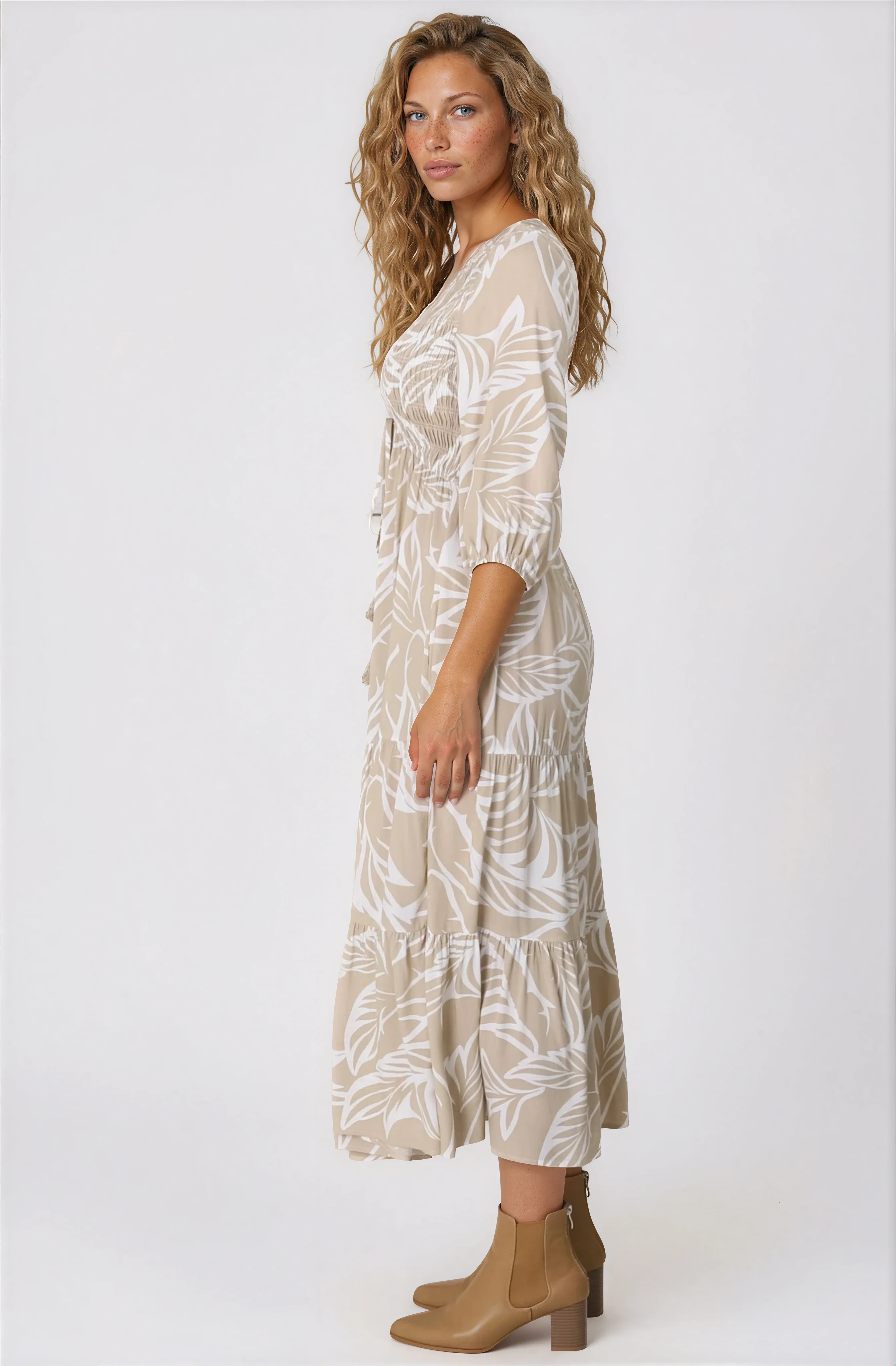 Jaden Midi Dress - Elasticated Bodice A-Line Dress in Jeani Print Beige - Image 15