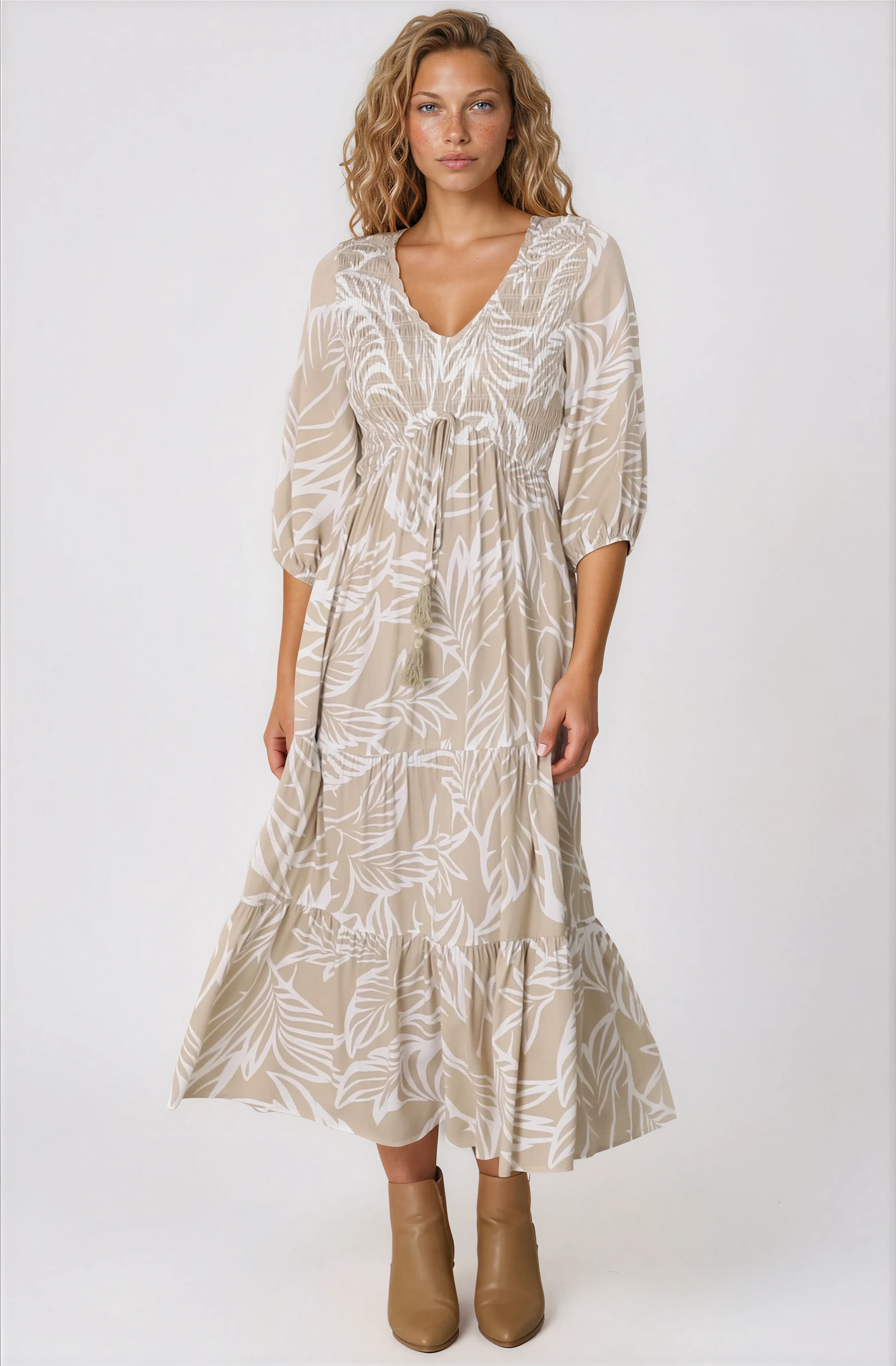 Jaden Midi Dress - Elasticated Bodice A-Line Dress in Jeani Print Beige - Image 4