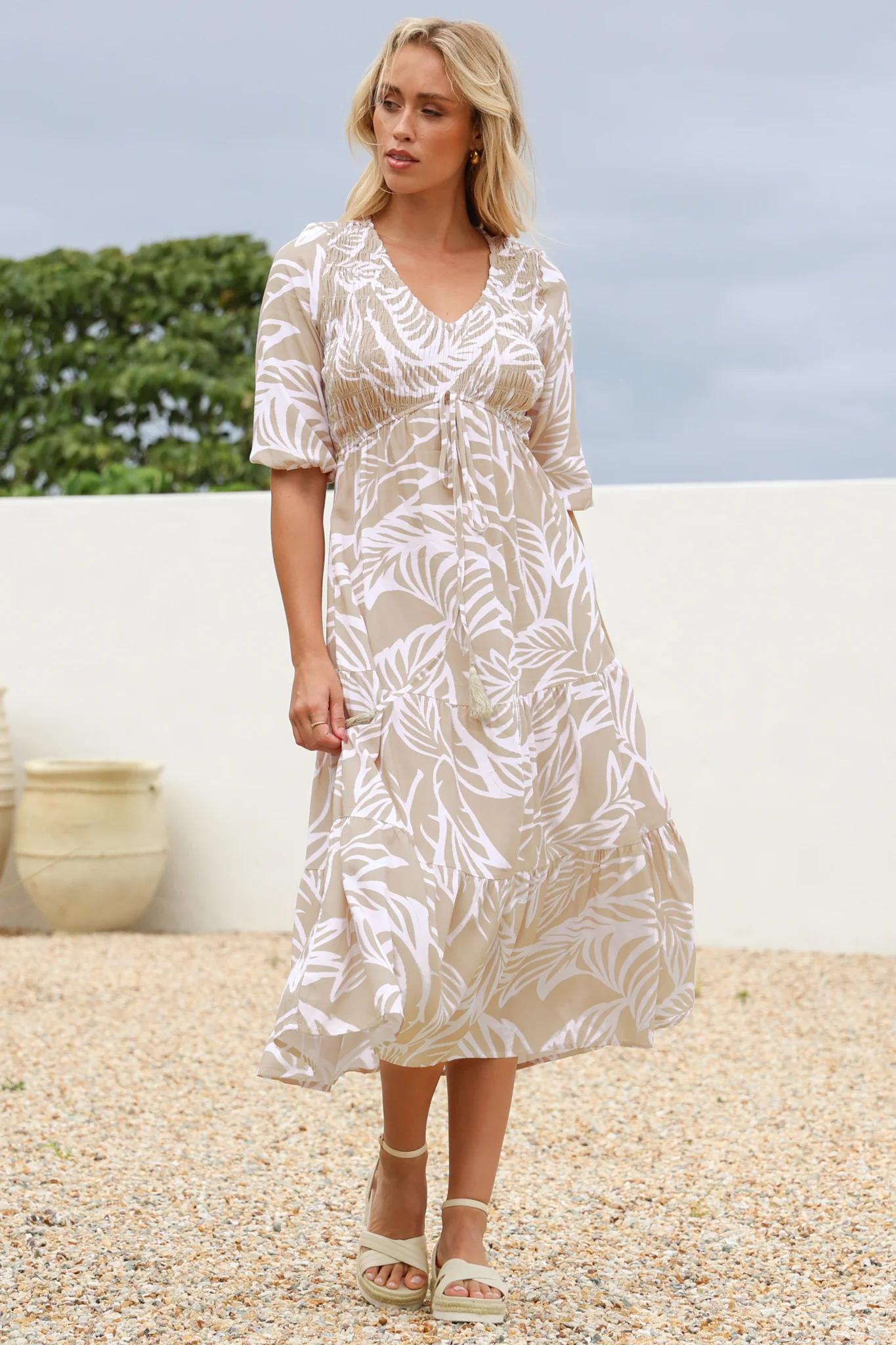 Jaden Midi Dress - Elasticated Bodice A-Line Dress in Jeani Print Beige - Image 5