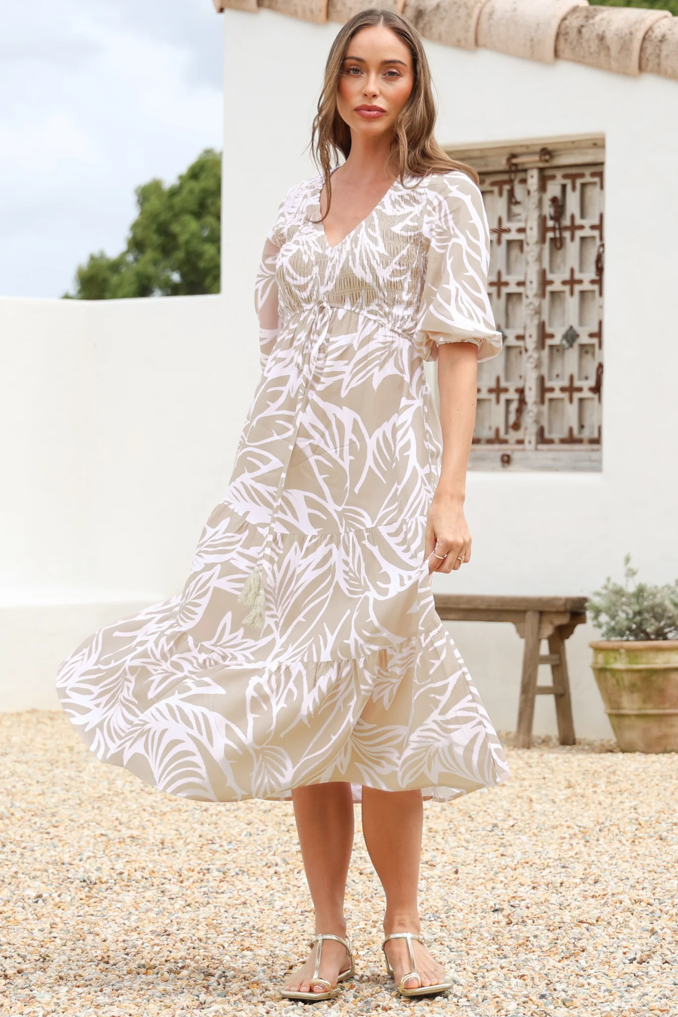 Jaden Midi Dress - Elasticated Bodice A-Line Dress in Jeani Print Beige - Image 7