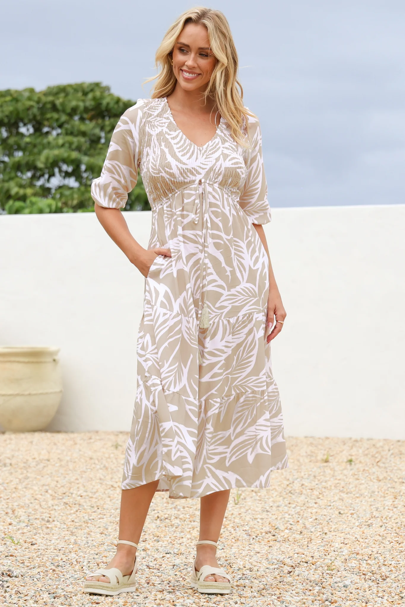 Jaden Midi Dress - Elasticated Bodice A-Line Dress in Jeani Print Beige - Image 8